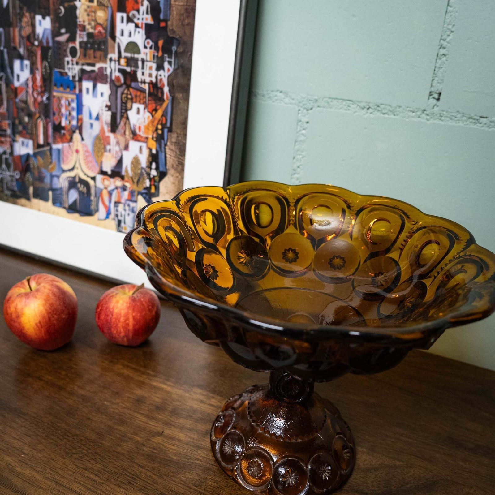 Amber Glass Moon & Stars Pedestal Bowl   Le Smith   C1960s photo 95.0