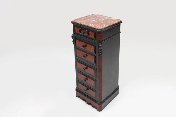 French Chest Of Drawers In Wood, Burl Veneer And Marble, 1850s photo buy