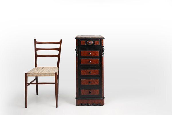 French Chest Of Drawers In Wood, Burl Veneer And Marble, 1850s photo vintage