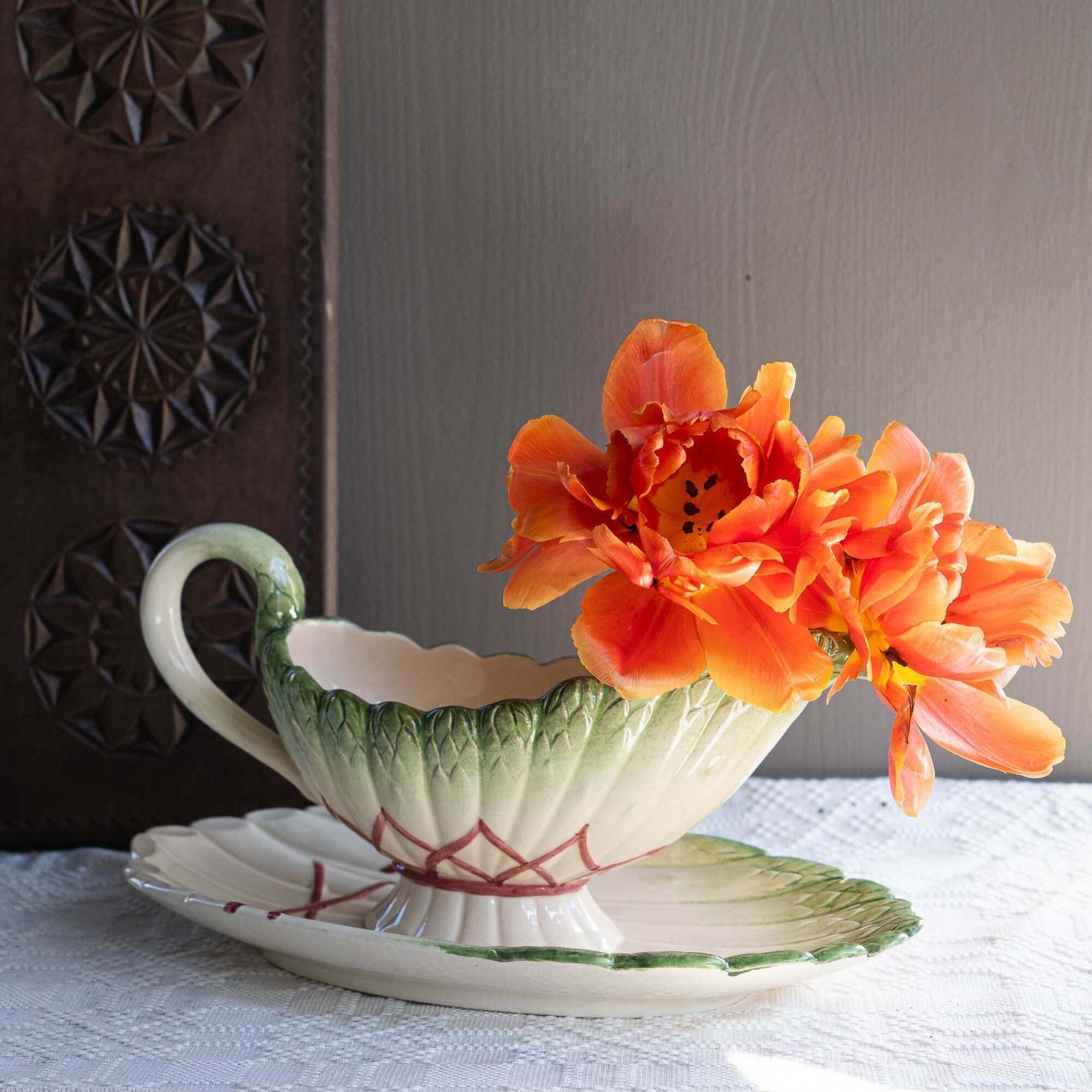 Antique Asparagus Gravy Boat   Sarreguemines   1870s photo for sale