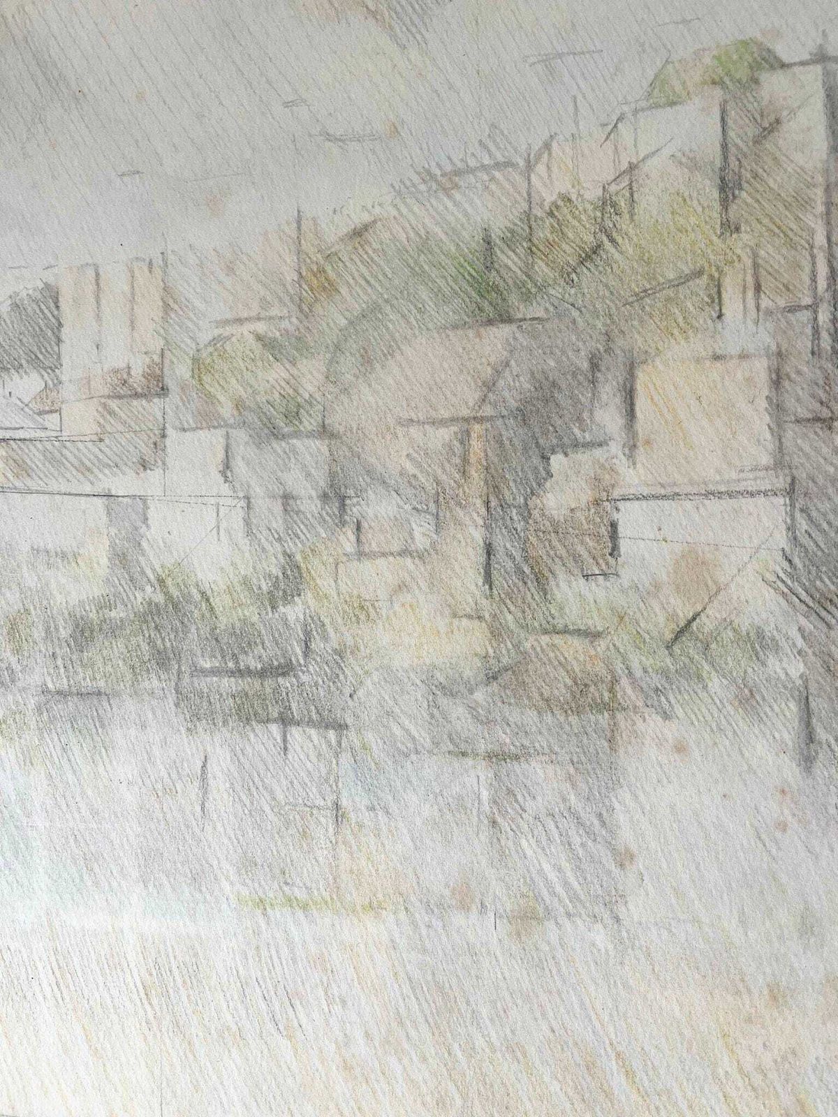 Cityscape Drawing Of Bristol Vintage 20th Century Artwork By John Ferguson, Signed, Framed And Glazed, Realist Cubist