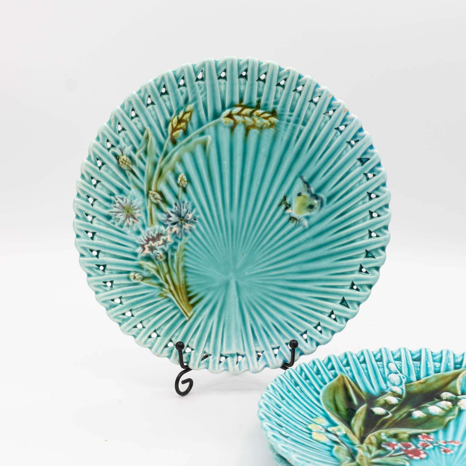 Antique Art Nouveau Light Green Majolica "Lilly Of The Valley" Plates   Smf Schramberg   Set Of 3   1920s photo 168.0