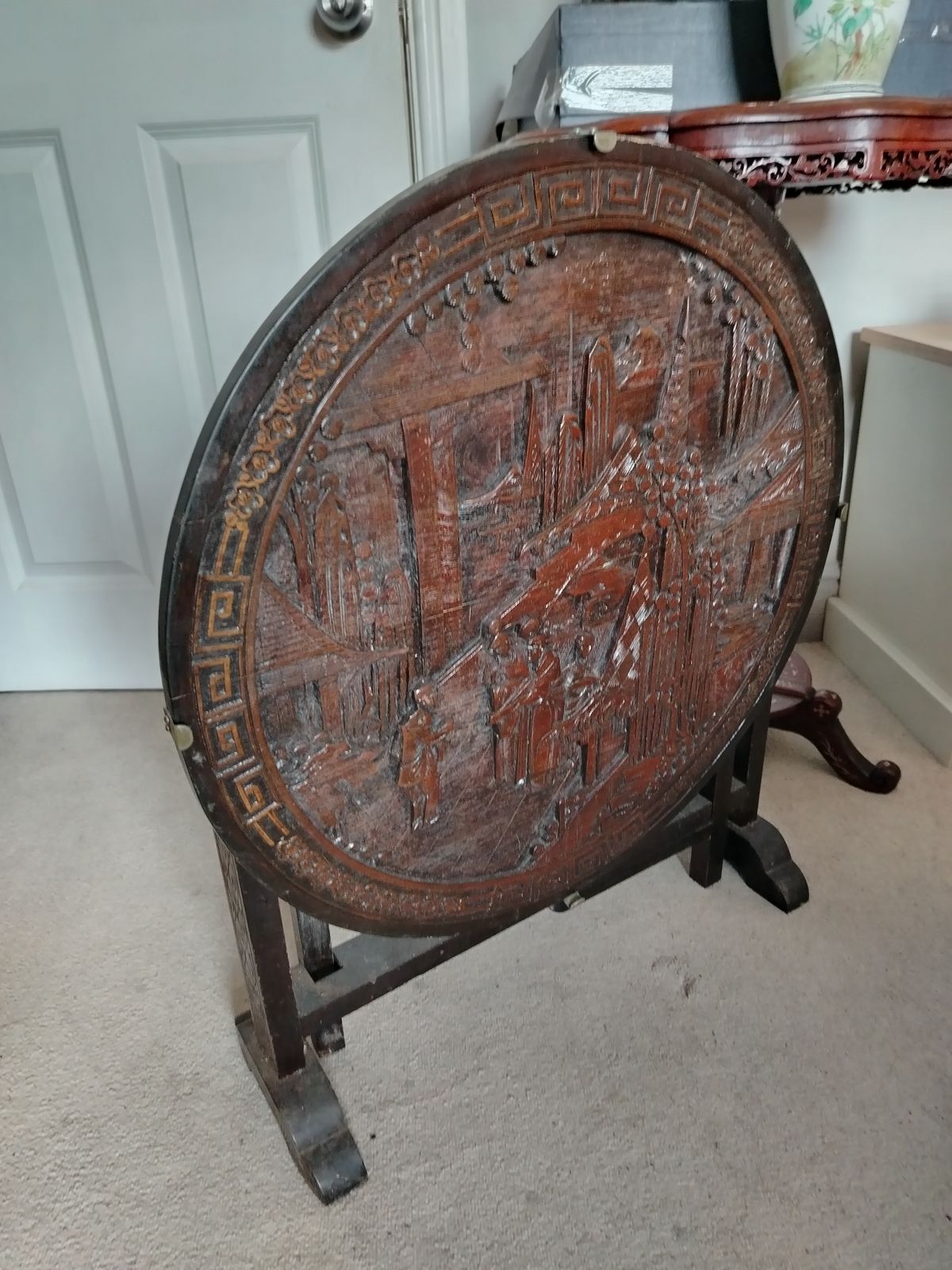 Lovely, Rare Chinese Circular Carved Hardwood Fire Screen & Coffee Table photo vinterior