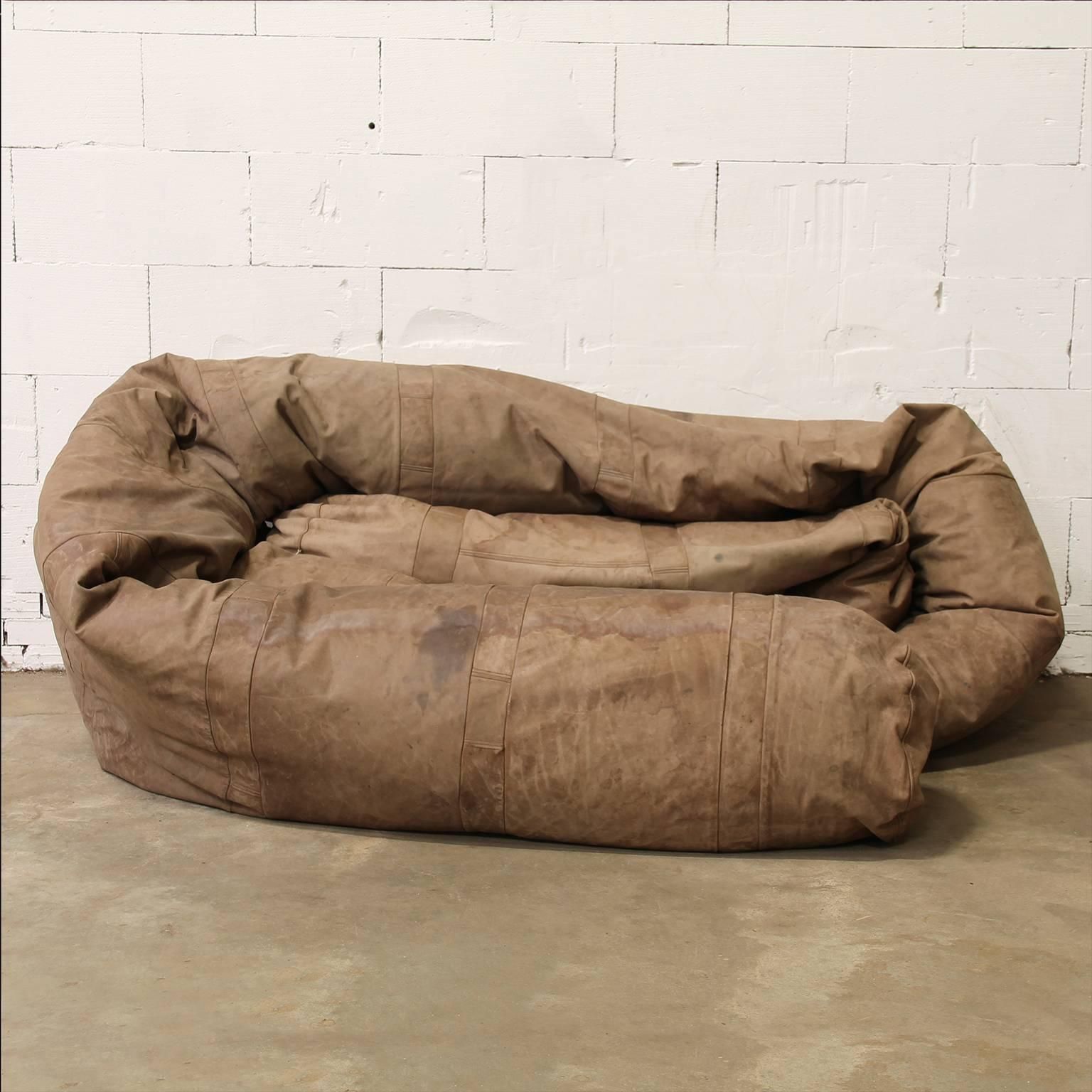1960, Hans Roebers, Very Long Original Snake Couch In Old Brown Leather photo Furniture