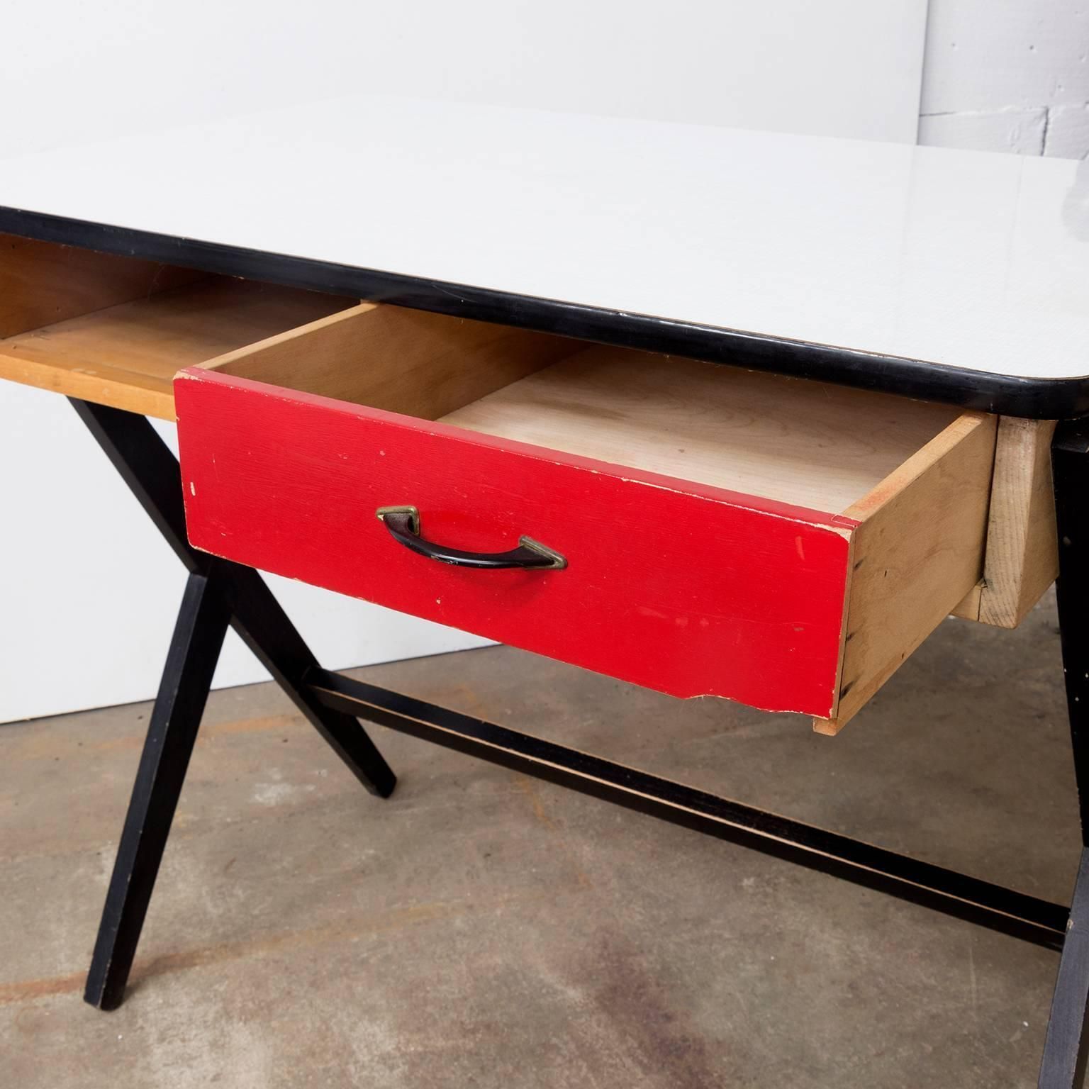 1954, Coen De Vries For Devo Wooden Writing Desk With Red Drawer And Formica Top photo vintage