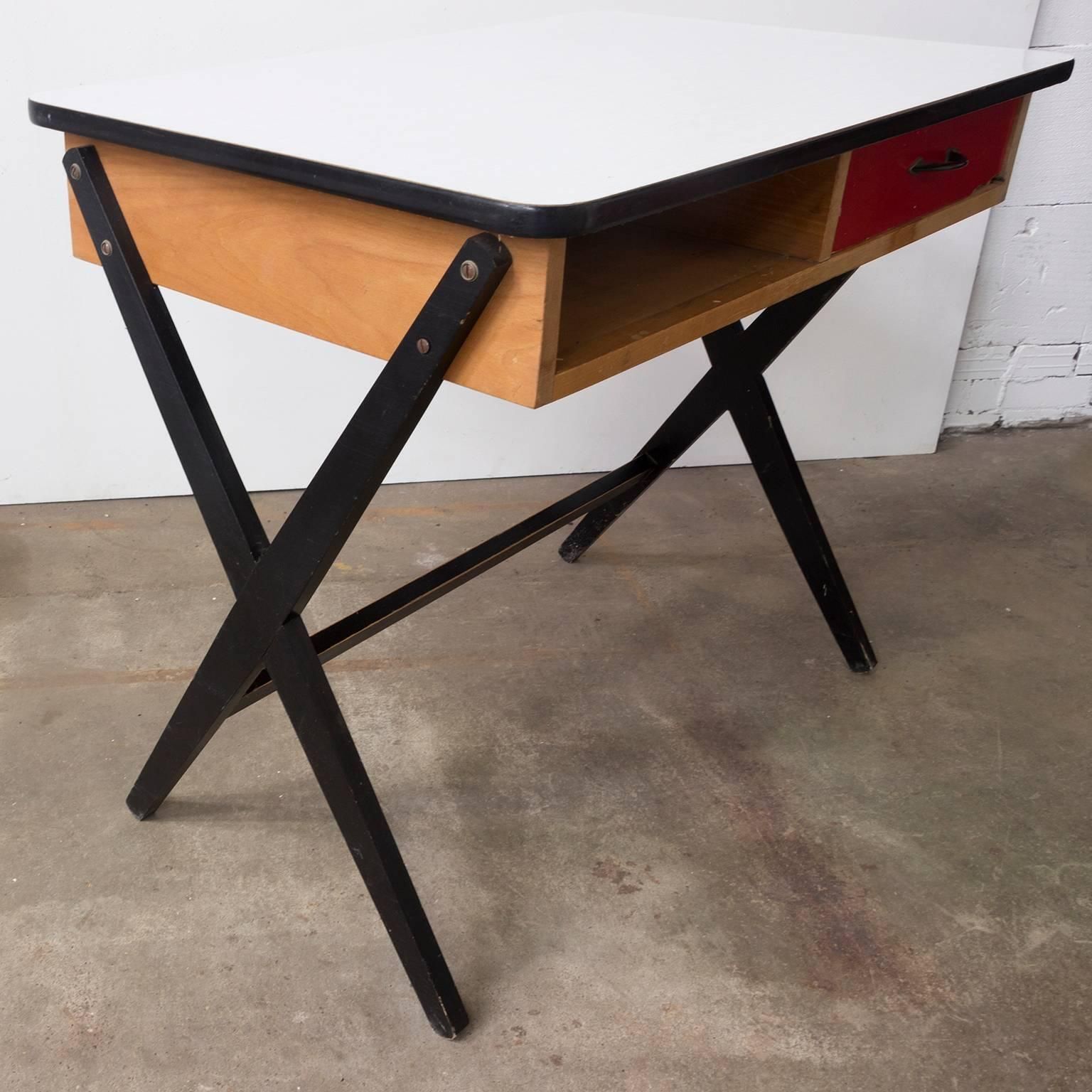photo furniture 1954, Coen De Vries For Devo Wooden Writing Desk With Red Drawer And Formica Top