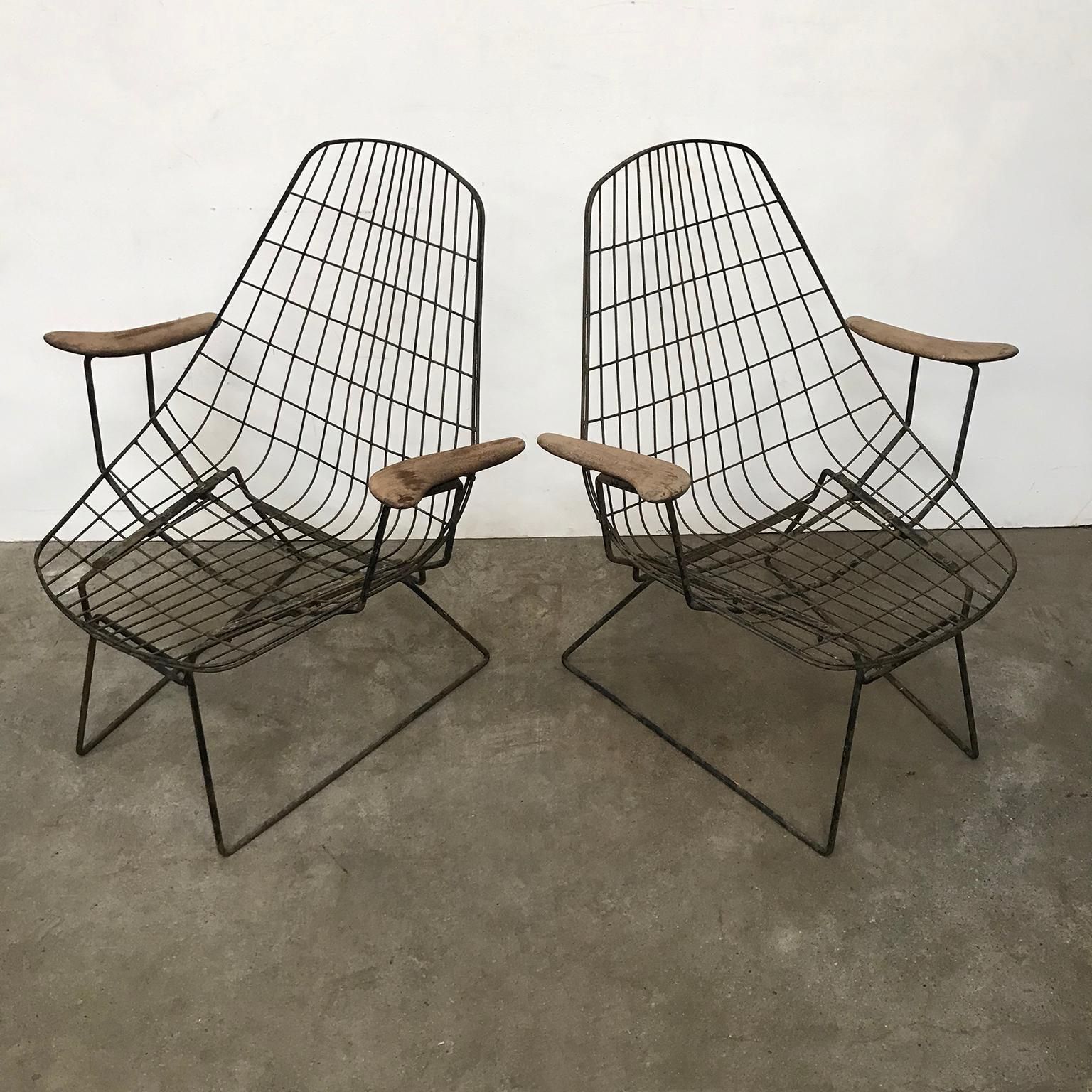 Set Of Two Rare Black Wire Easy Chairs With Wooden Armrests, Circa 1960 photo furniture
