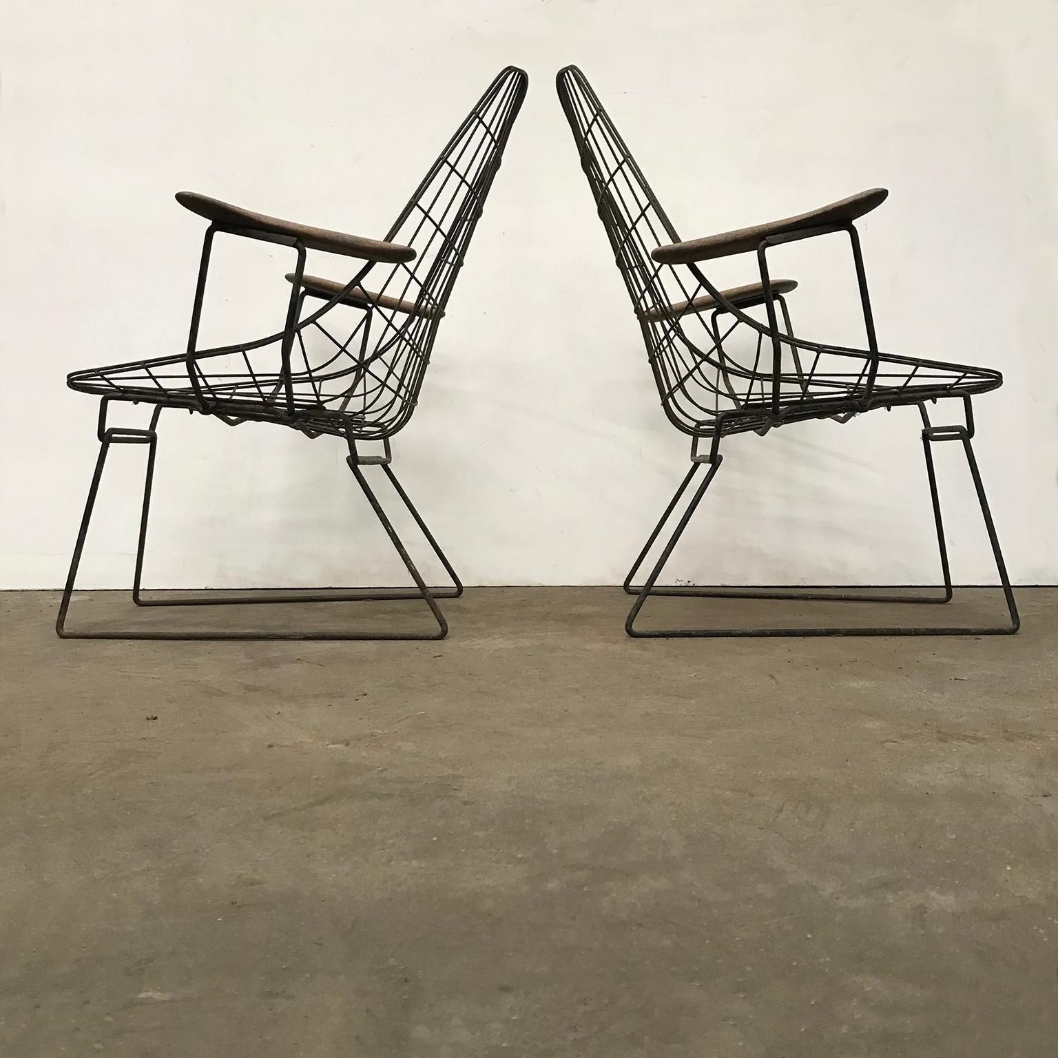Set Of Two Rare Black Wire Easy Chairs With Wooden Armrests, Circa 1960 photo vinterior