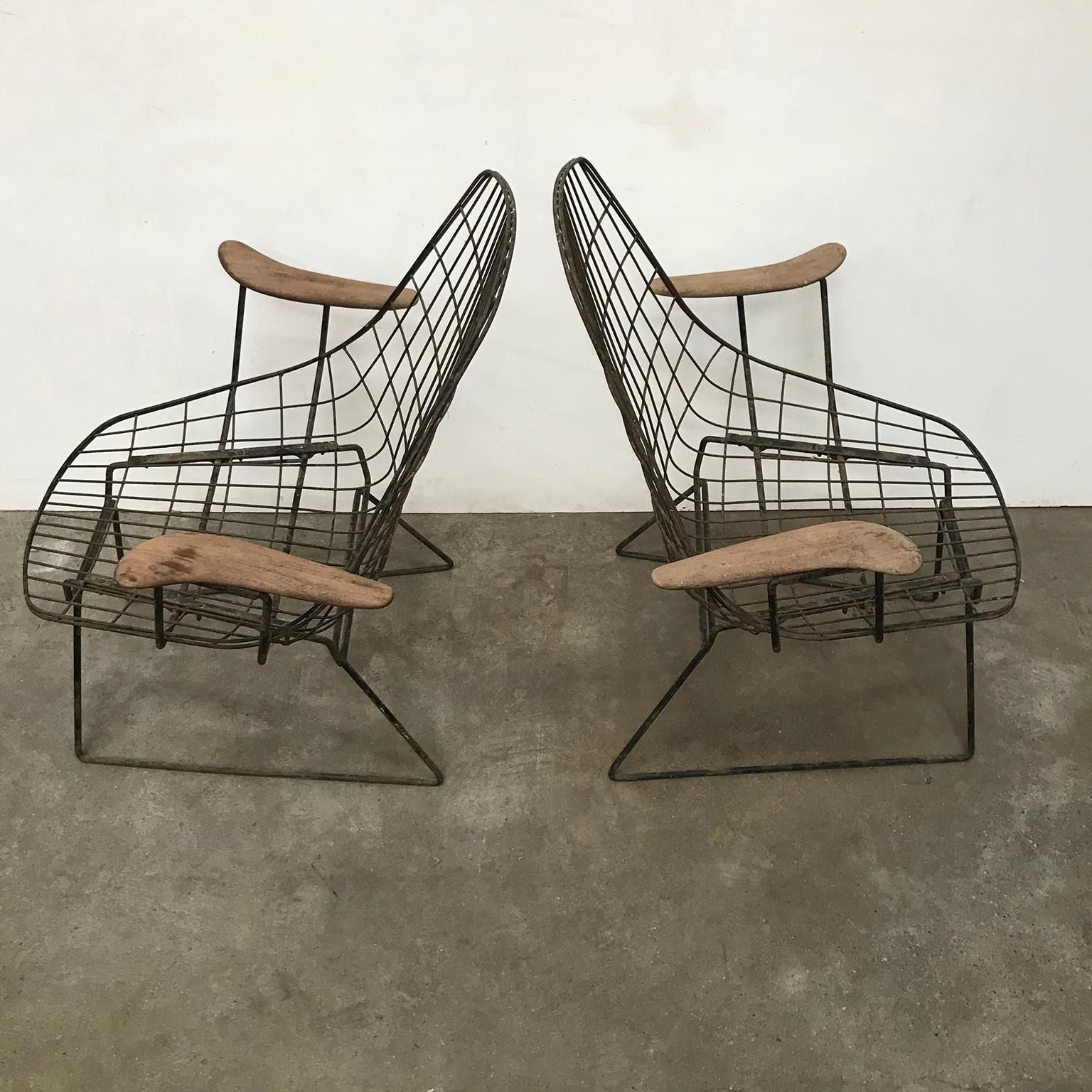 Set Of Two Rare Black Wire Easy Chairs With Wooden Armrests, Circa 1960 photo buy