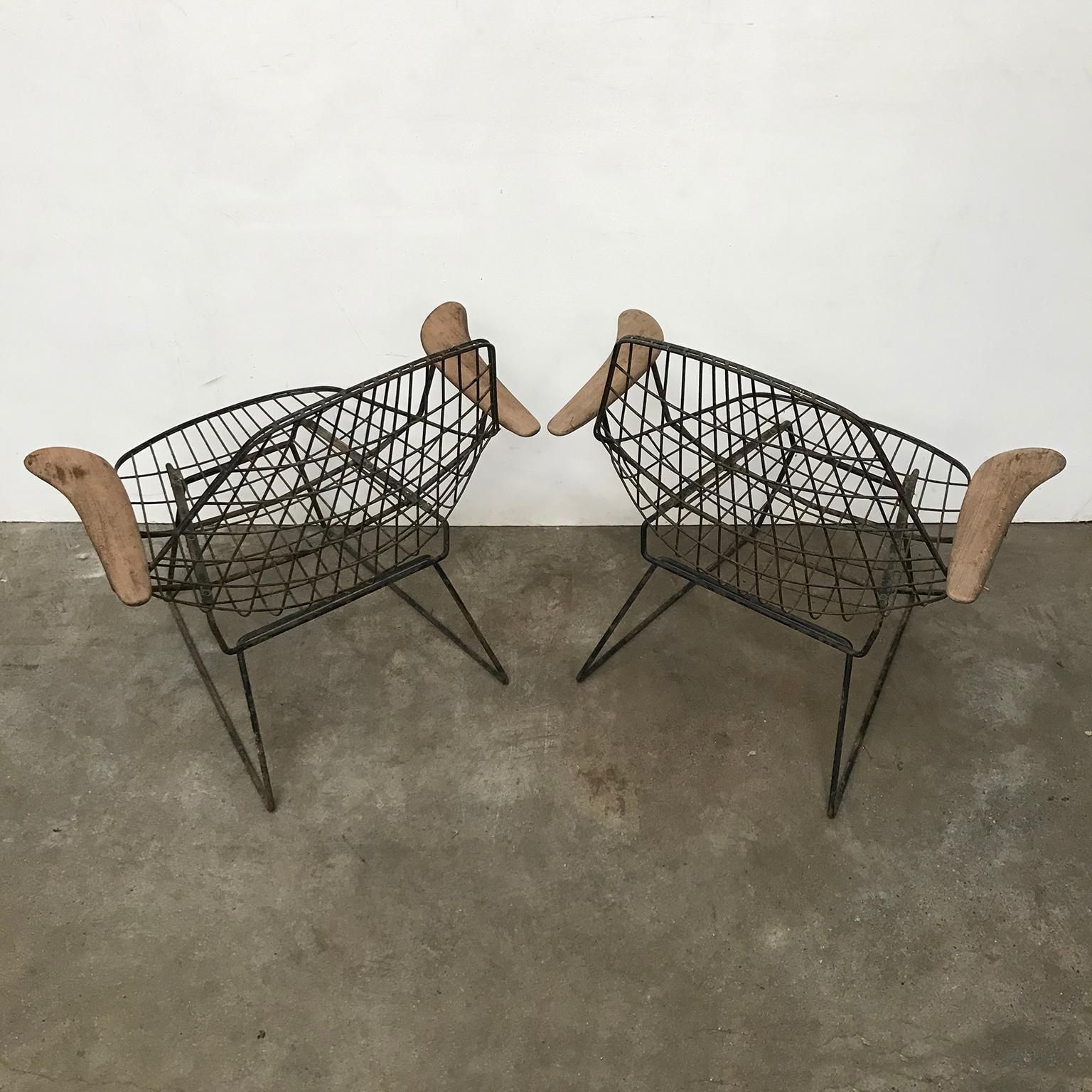 Set Of Two Rare Black Wire Easy Chairs With Wooden Armrests, Circa 1960 photo vintage