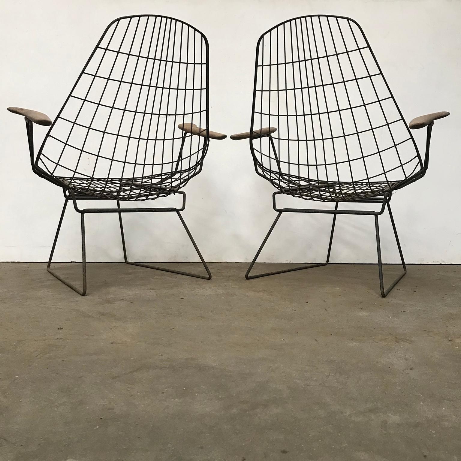 photo for sale Set Of Two Rare Black Wire Easy Chairs With Wooden Armrests, Circa 1960