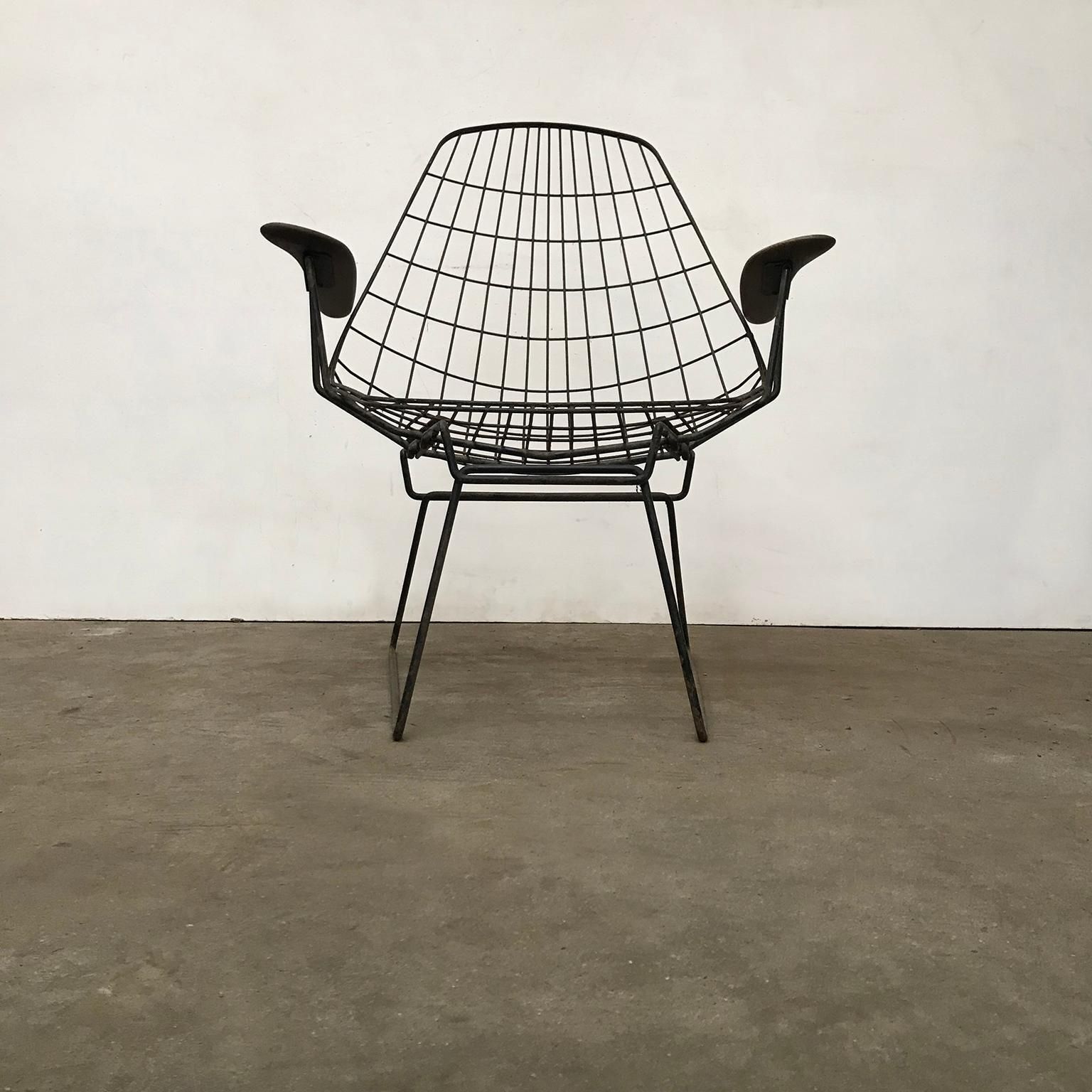 photo buy Set Of Two Rare Black Wire Easy Chairs With Wooden Armrests, Circa 1960