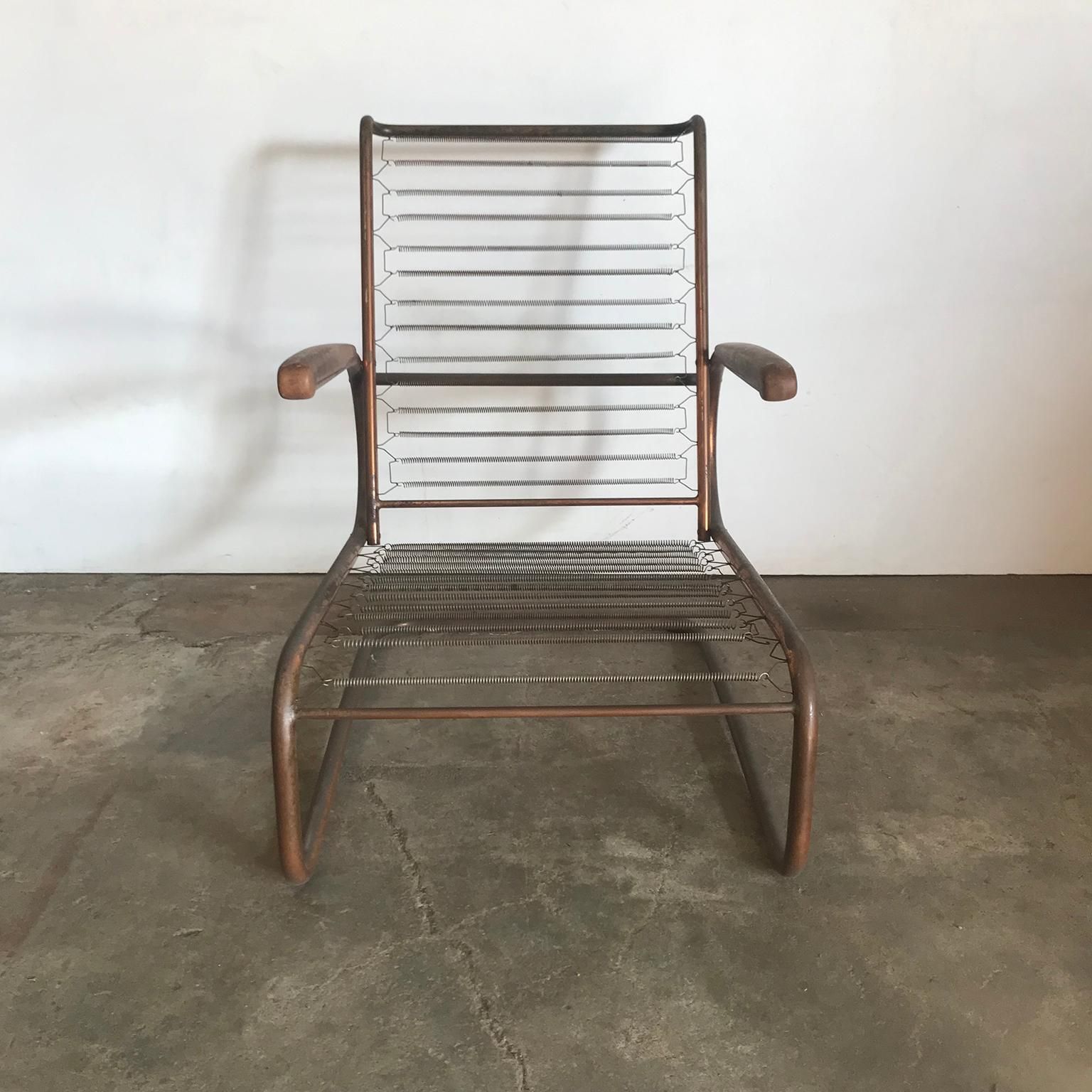 1930, Paul Schuitema For Fana Metaal, Red Copper Chair With Wooden Armrests photo vintage