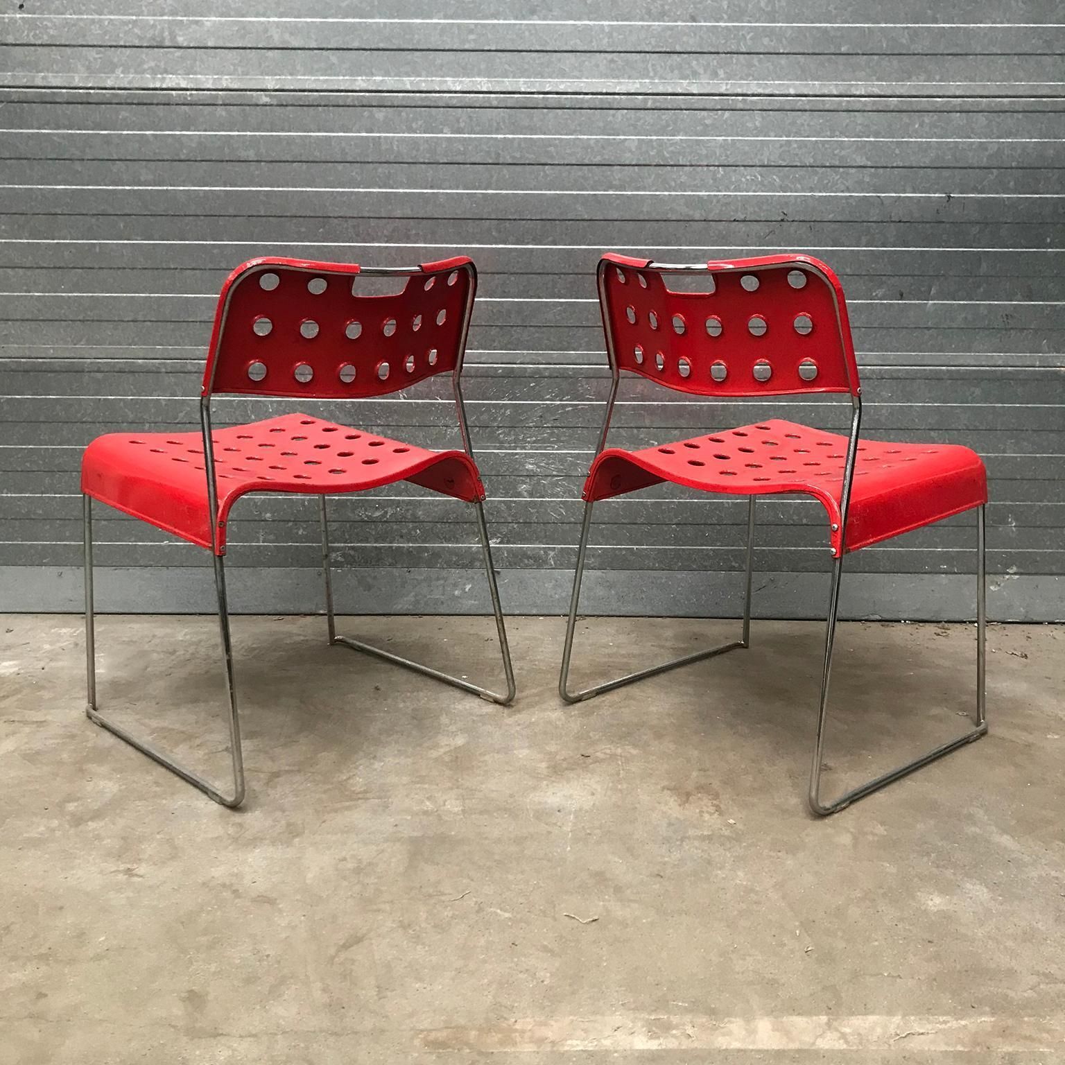 1971, Rodney Kinsman, For Bieffeplast, 2 Rare Red Omstak Stacking Chairs photo for sale