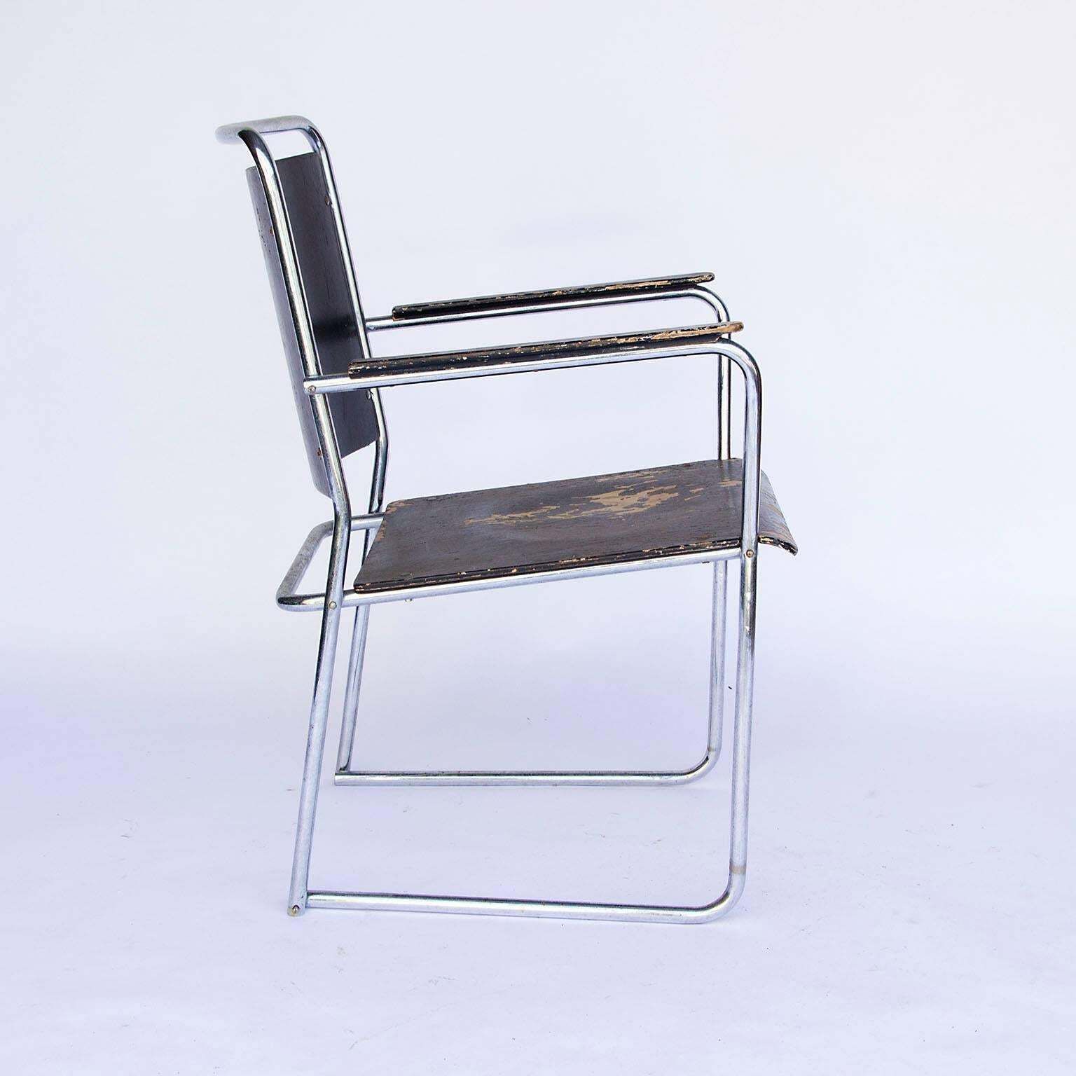 Rare Large Side Or Easy Tubular Chair With Original Painted Wood, Circa 1930 photo furniture