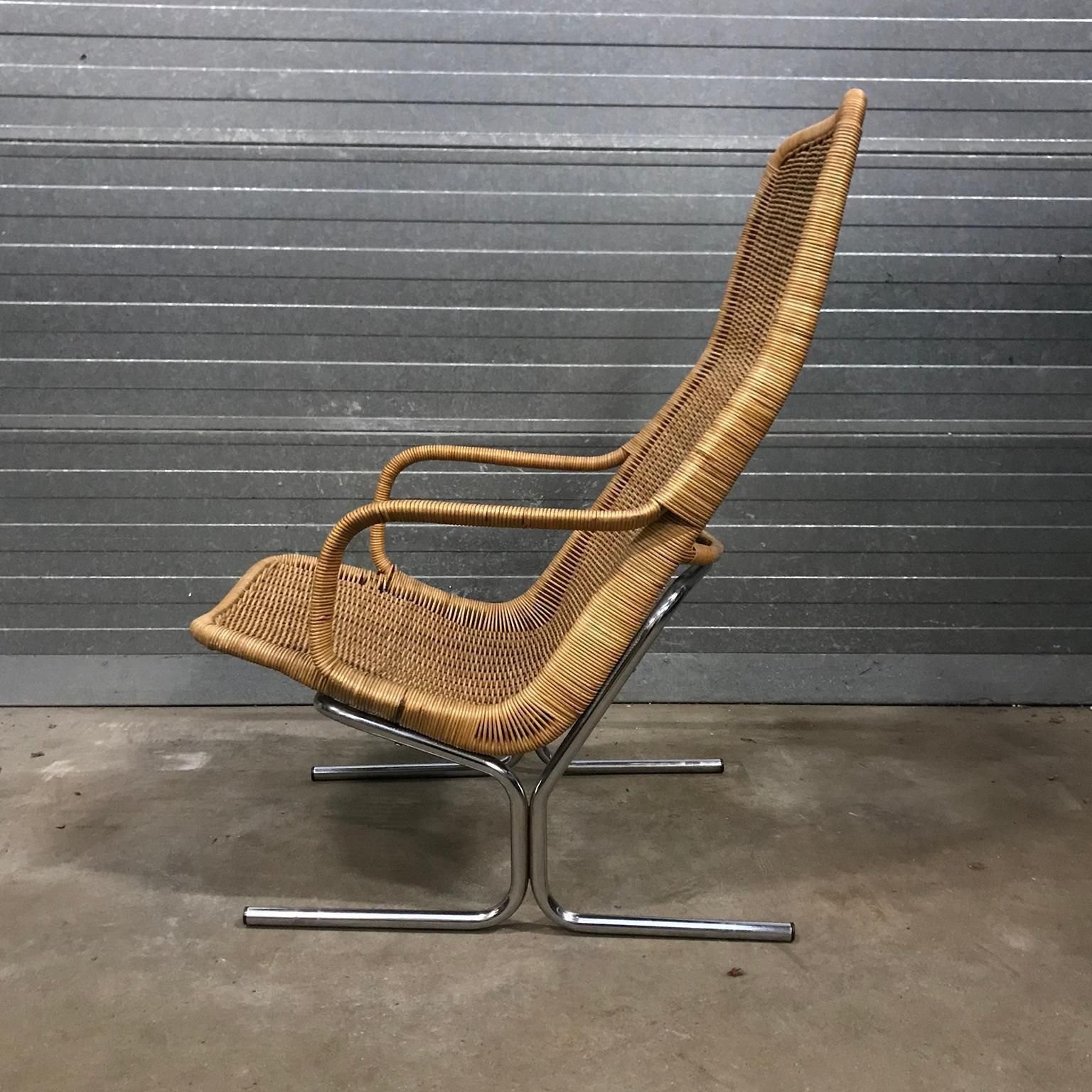 1961 Dirk Van Sliedregt, Rare 514 Original Wicker Lounge Chair With Chrome Base photo for sale