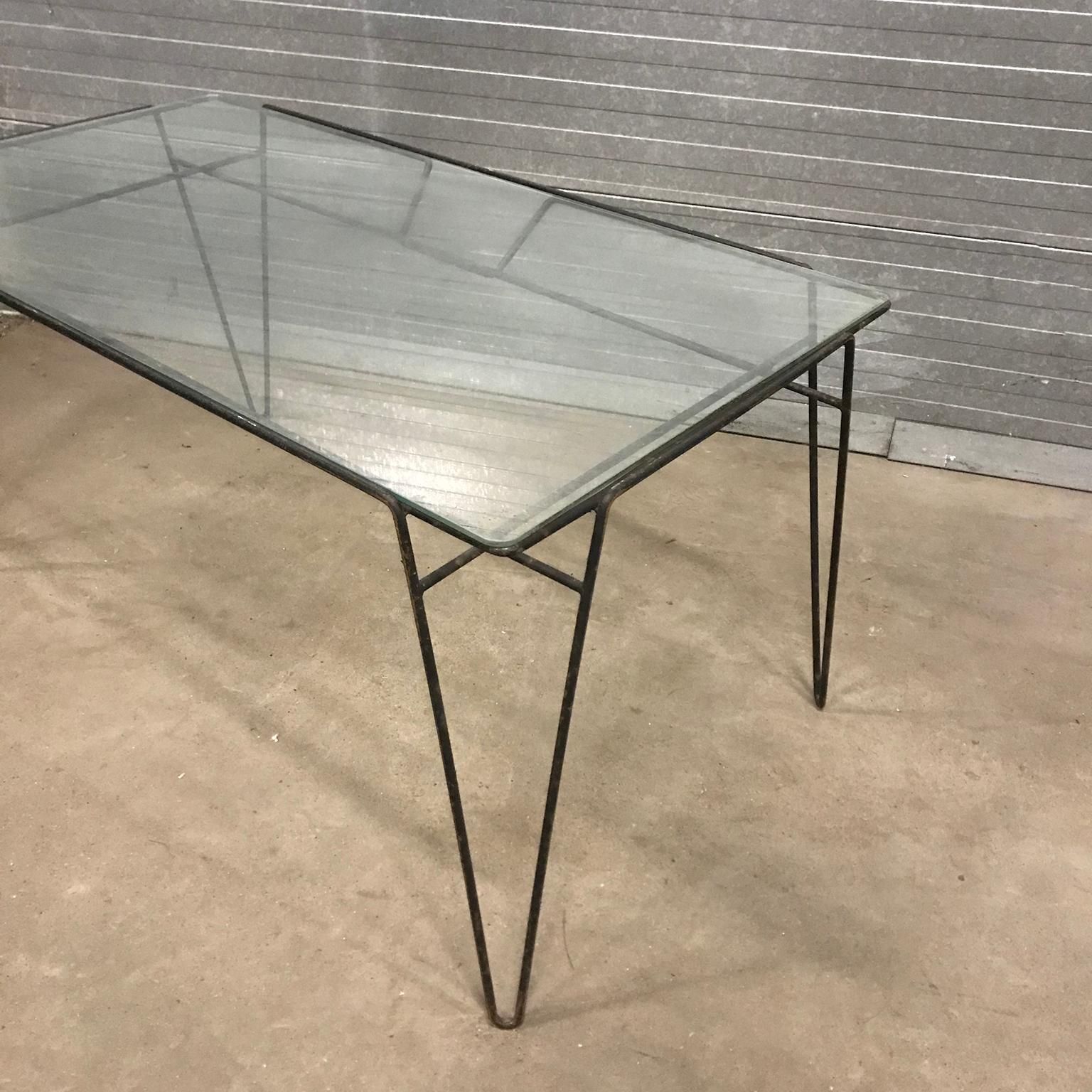 Super Elegant Dining Table, Black Metal Hairpin Legs And Glass Top, Circa 1960 photo Furniture