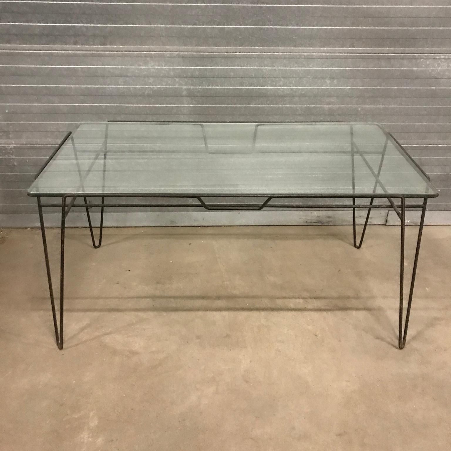 Super Elegant Dining Table, Black Metal Hairpin Legs And Glass Top, Circa 1960 photo 2943.0