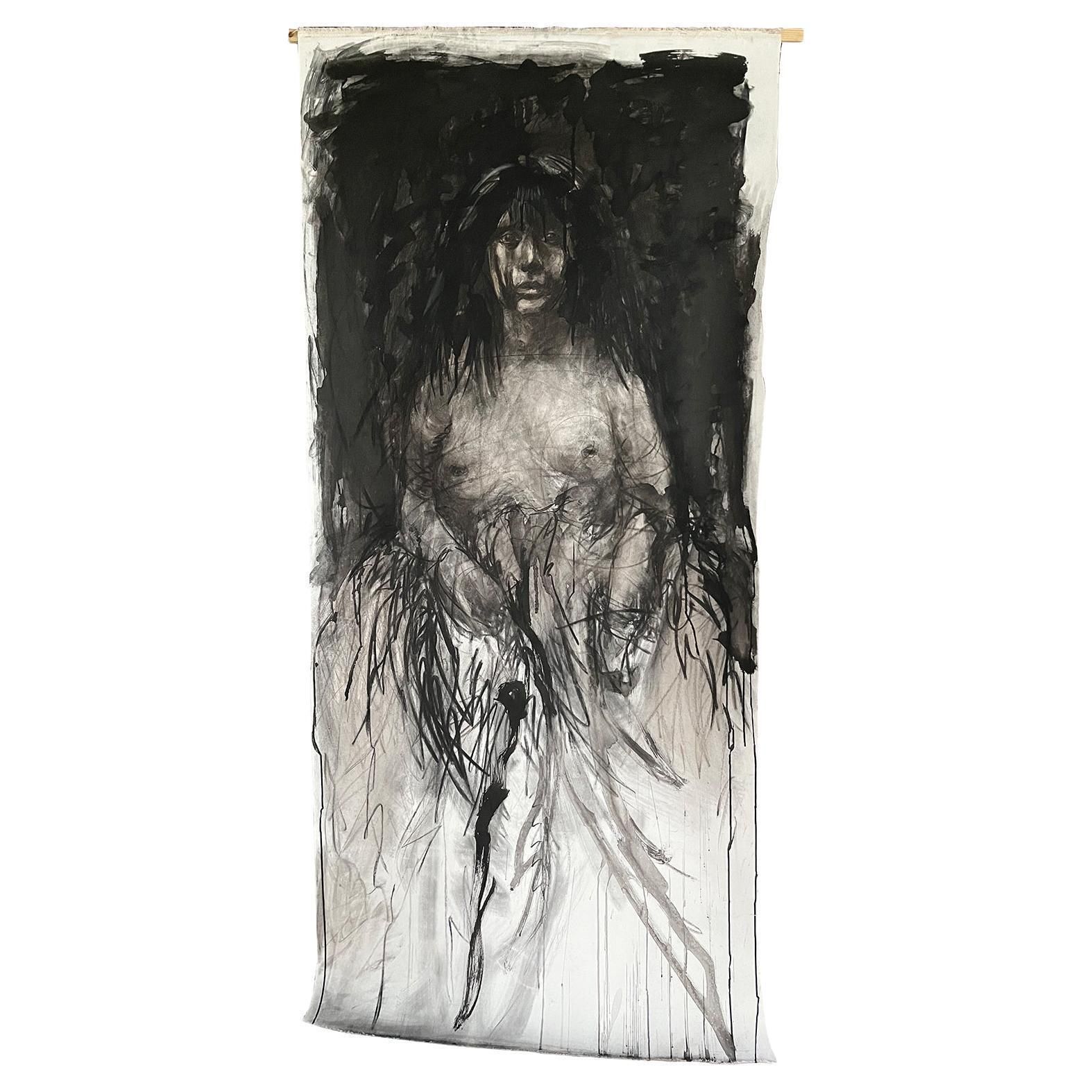 Painting Woman In Charcoal And Ink On Canvas