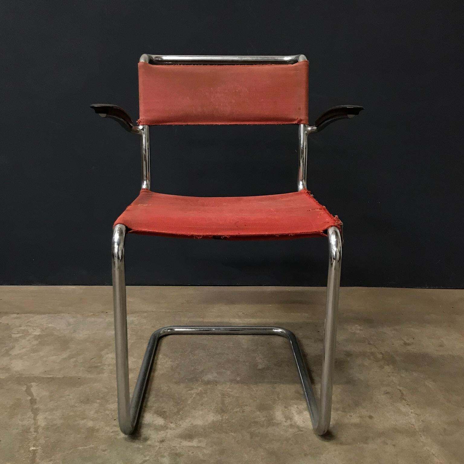 1930, W.H. Gispen, For Gispen Culemborg, Dining Chair No. 204 In Red Canvas photo vinterior