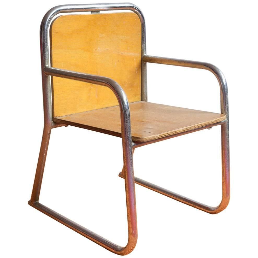 Tubular Children Chair, Wood And Chrome, Circa 1965