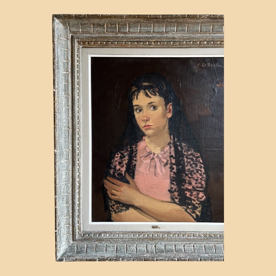 Portrait Of A Girl With Lace Scarf, Oil On Canvas Large Portrait Painting photo for sale