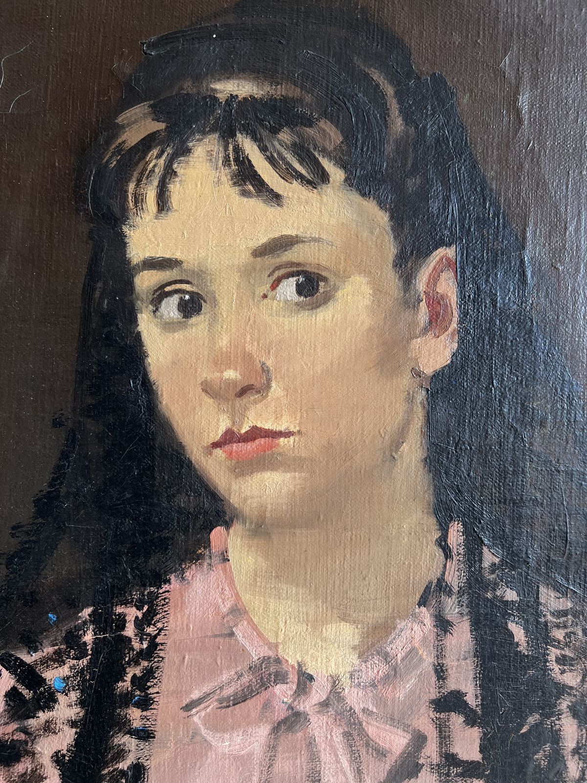 Portrait Of A Girl With Lace Scarf, Oil On Canvas Large Portrait Painting photo vinterior