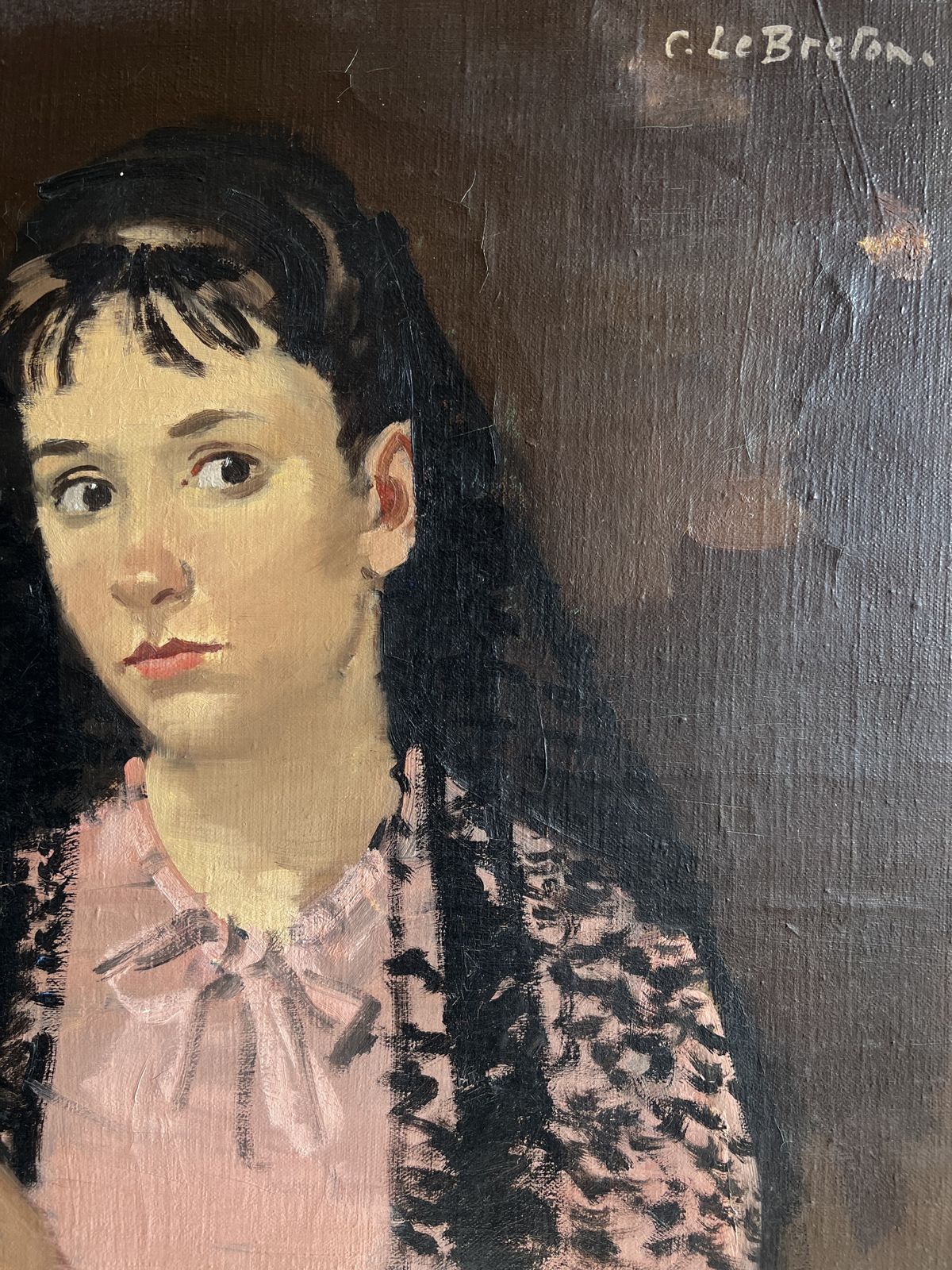 photo for sale Portrait Of A Girl With Lace Scarf, Oil On Canvas Large Portrait Painting