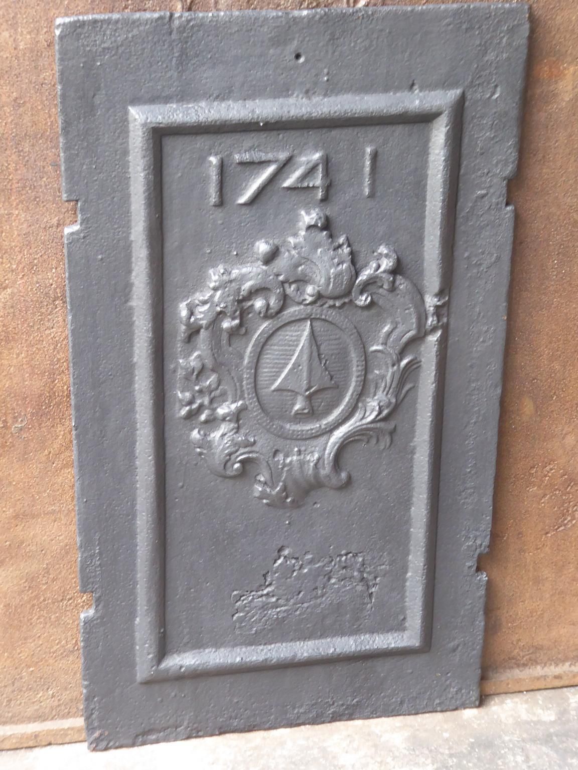 French Louis XIV 'Coat Of Arms' Fireback / Backsplash, Dated 1741 photo for sale