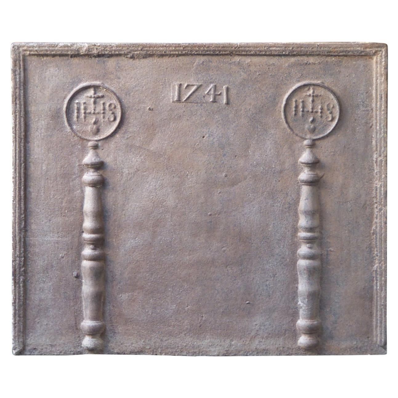18th Century French Fireback / Backsplash 'Pillars With Medieval Ihs Monograms'