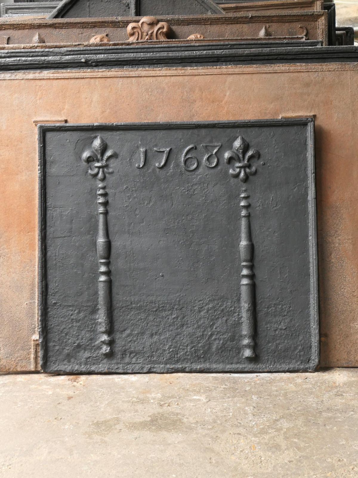 18th C. French Louis XV Fireback / Backsplash With Pillars And Fleurs De Lys photo for sale