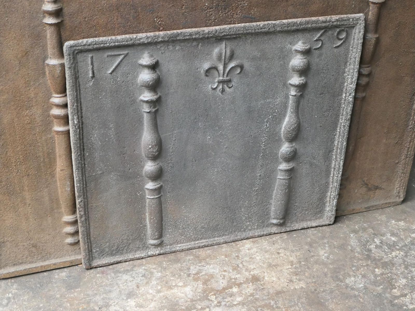 18th C. French Louis XV Fireback / Backsplash With Pillars And Fleur De Lys photo vintage
