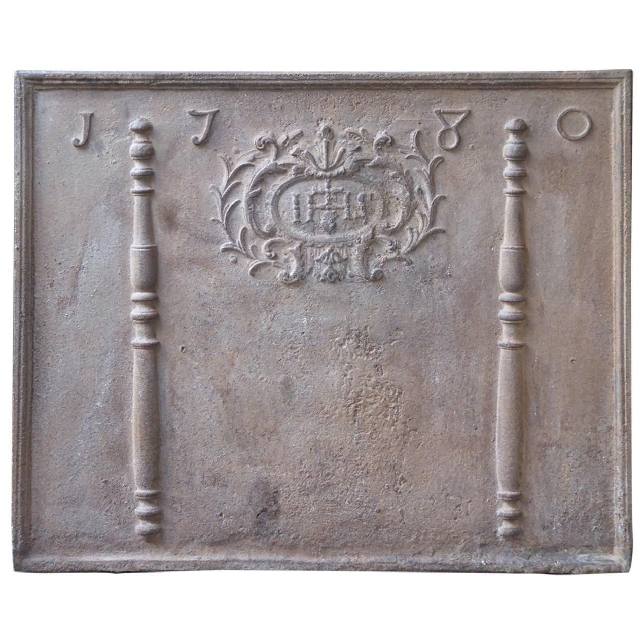 18th Century French Fireback / Backsplash 'Pillars With Medieval Ihs Monogram'