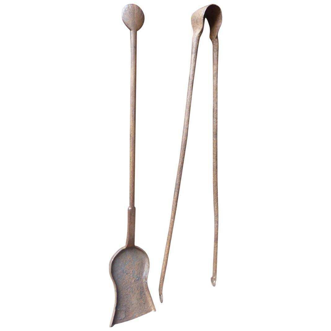 Antique French Wrought Iron Fireplace Tools Or Fire Tools, 18th Century