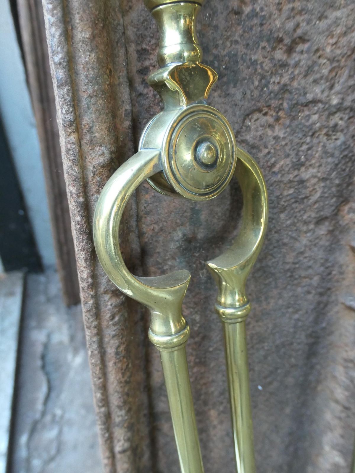 photo for sale Antique English Polished Brass Victorian Style Fireplace Set, 19/20th C