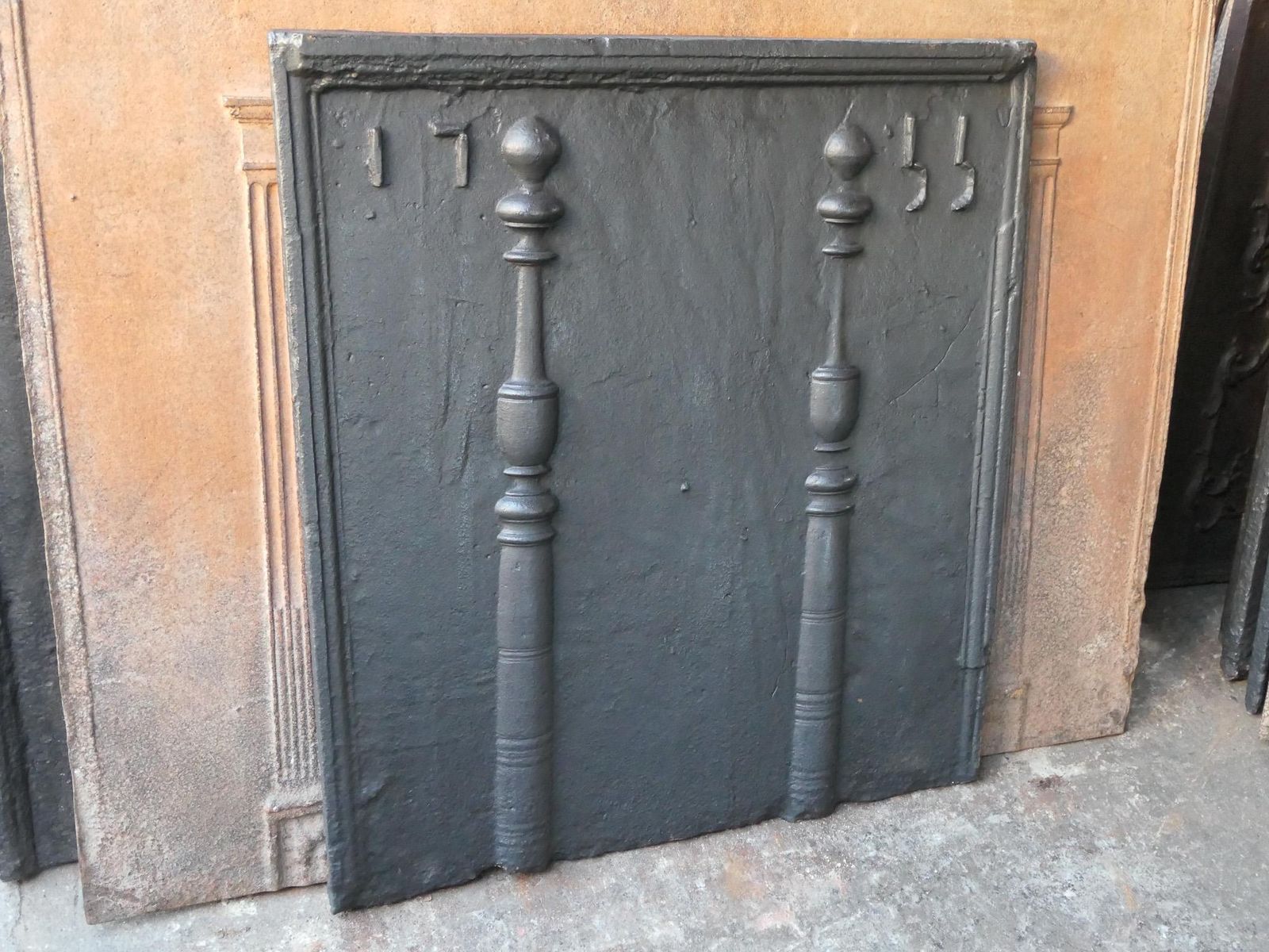 photo for sale 18th Century French Fireback / Backsplash With Pillars Of Hercules, Dated 1755