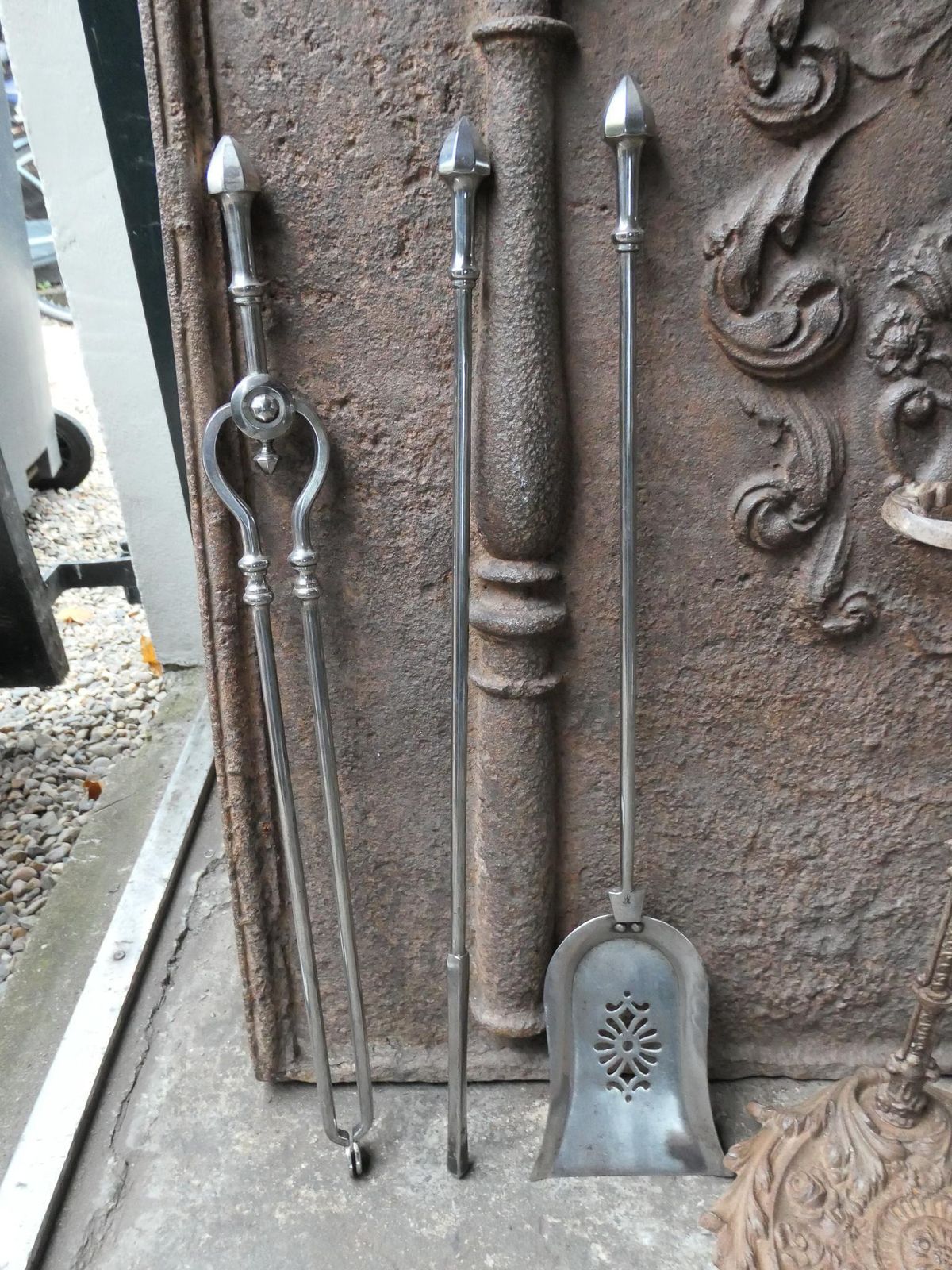 photo for sale Large 19th C. English Iron And Polished Steel Victorian Fireside Companion Set