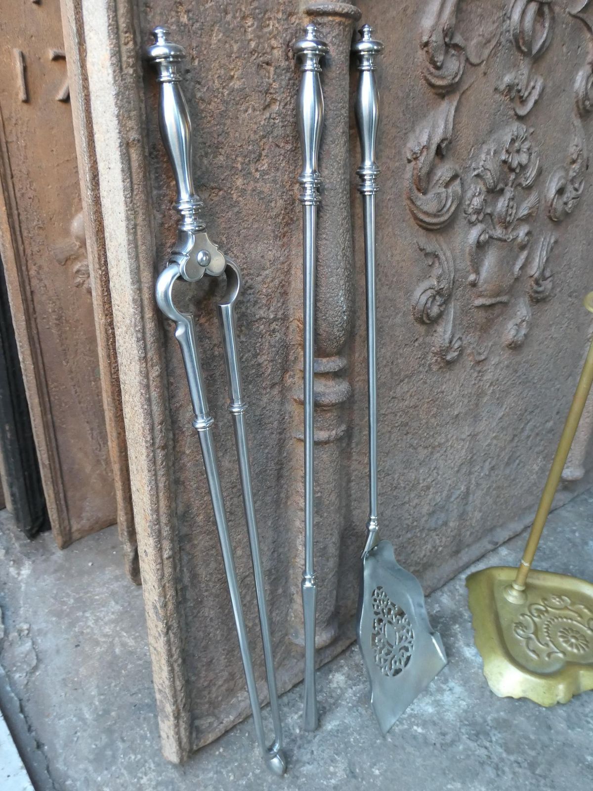1429.0 English Brass An Polished Steel Georgian Fireplace Tool Set, 18th 19th C photo