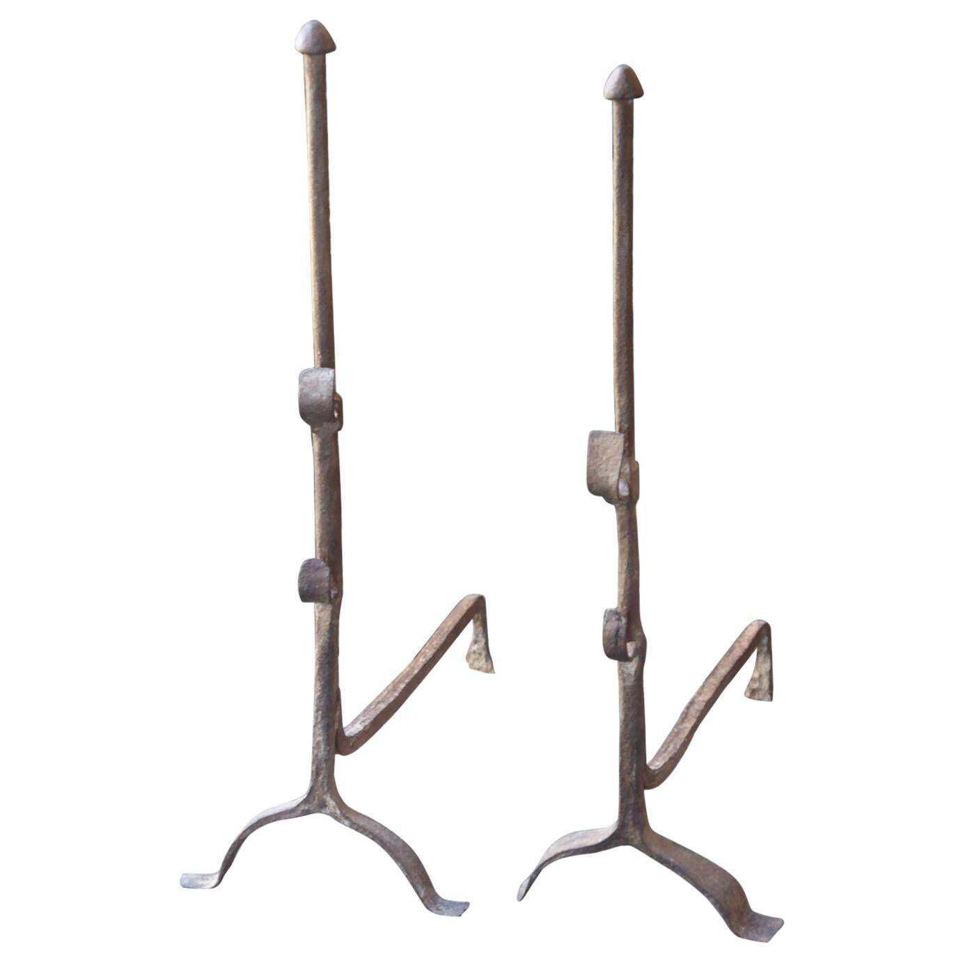 Antique French Gothic Andirons Or Firedogs, 17th Century
