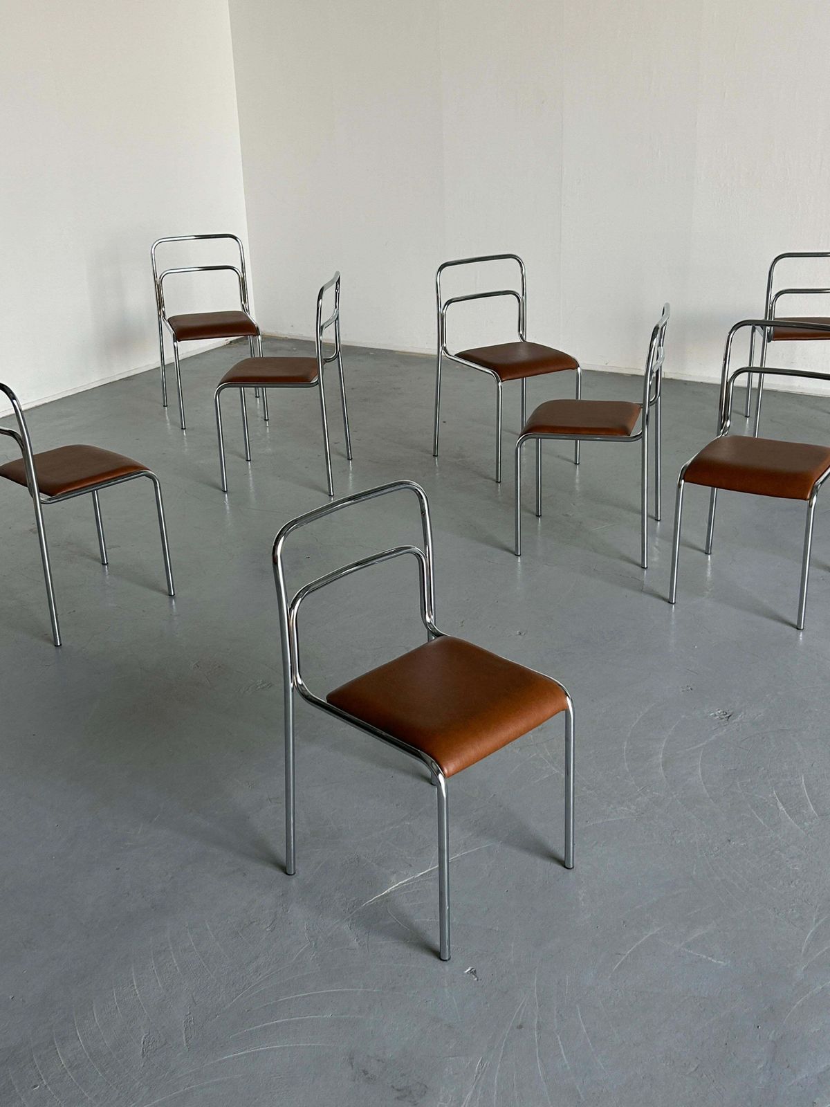 Bauhaus Design Chrome Tubular Steel And Brown Faux Leather Dining Chairs, 1980s photo Furniture