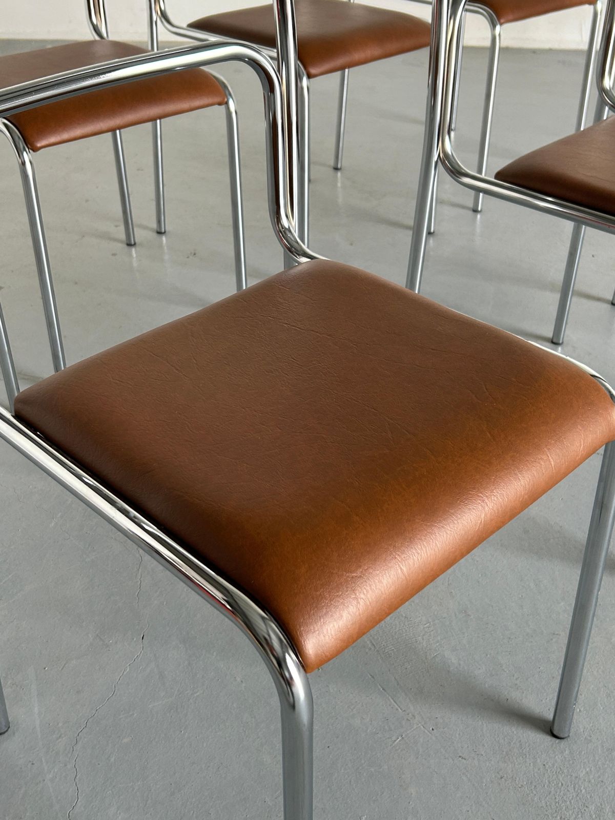 Bauhaus Design Chrome Tubular Steel And Brown Faux Leather Dining Chairs, 1980s photo 200.0