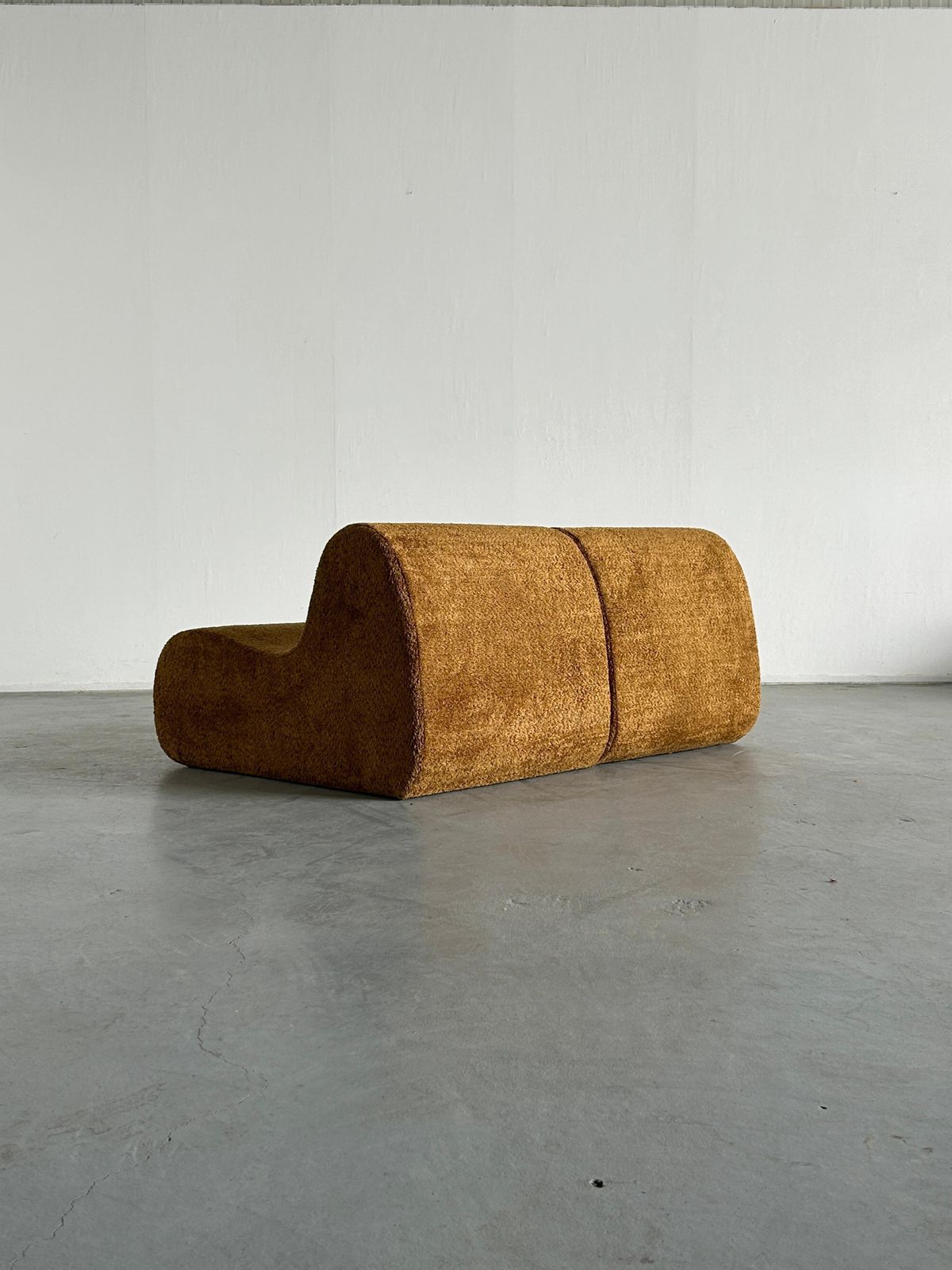 Pair Of Italian Mid Century Modern Lounge Chairs In Ochre Boucle, 1970s Italy photo vintage