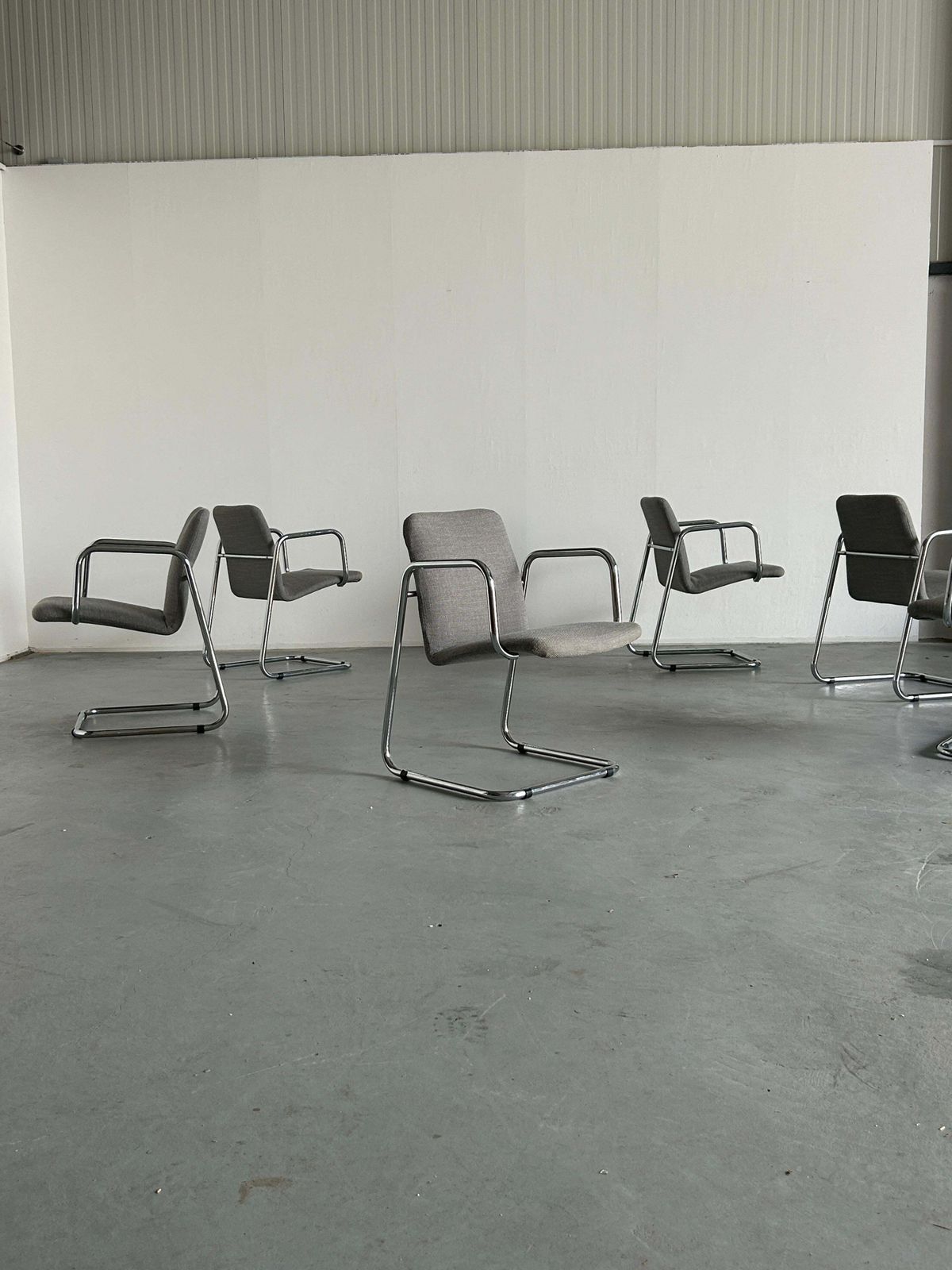 1 Of 6 Italian Space Age Chromed Tubular Steel Cantilever Lounge Armchairs, 70s photo for sale