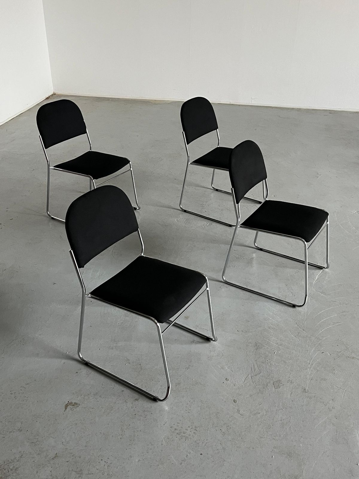 Set Of 4 Minimalist Dining Chairs In Black Fabric And Chromed Steel, Stackable photo vintage