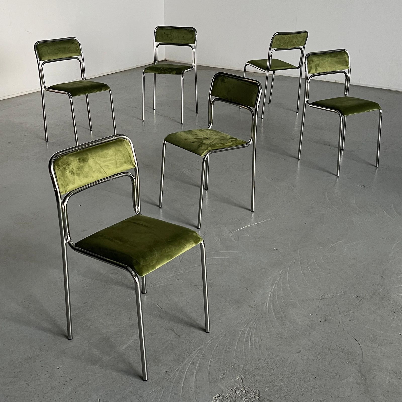Set Of 6 Bauhaus Chrome Tubular Steel,  Green Velvet Italian Dining Chairs photo furniture
