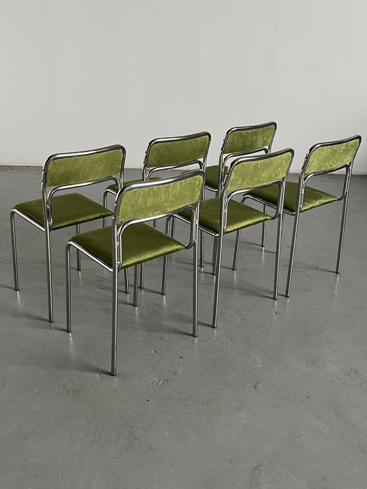 Set Of 6 Bauhaus Chrome Tubular Steel,  Green Velvet Italian Dining Chairs photo Furniture