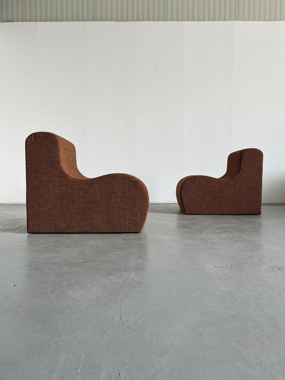 Pair Of Vintage Italian Mid Century Lounge Chairs In Checkered Fabric, 70s Italy photo Furniture