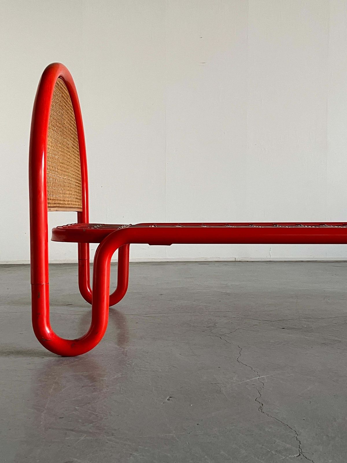 photo furniture Gae Aulenti Style Tubular Metal And Cane Bed Frame, 1960s Italy