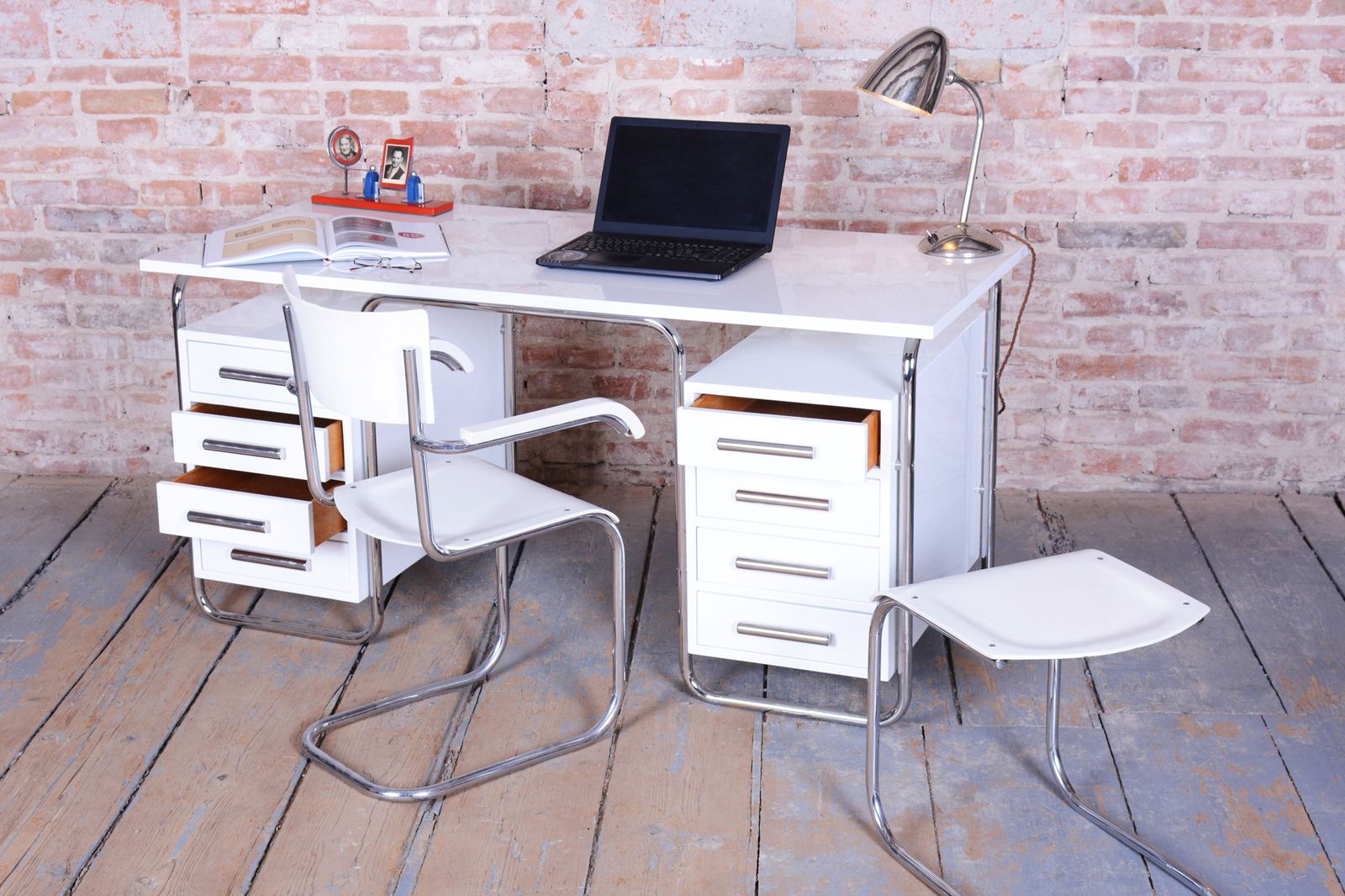 Furniture Restored Bauhaus Writing Desk, By Marcel Breuer For Thonet, Chrome, Czech, 1930s photo
