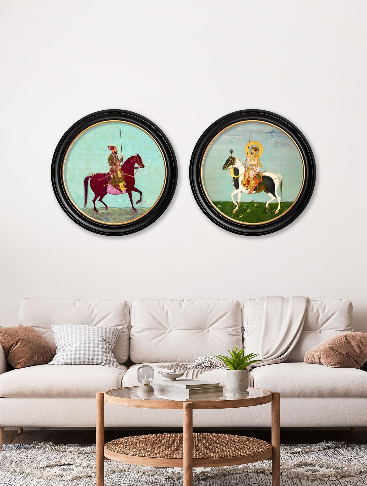 photo furniture Set Of Two Mughal Horseman Prints In Circular Frames 44cm Dia, New